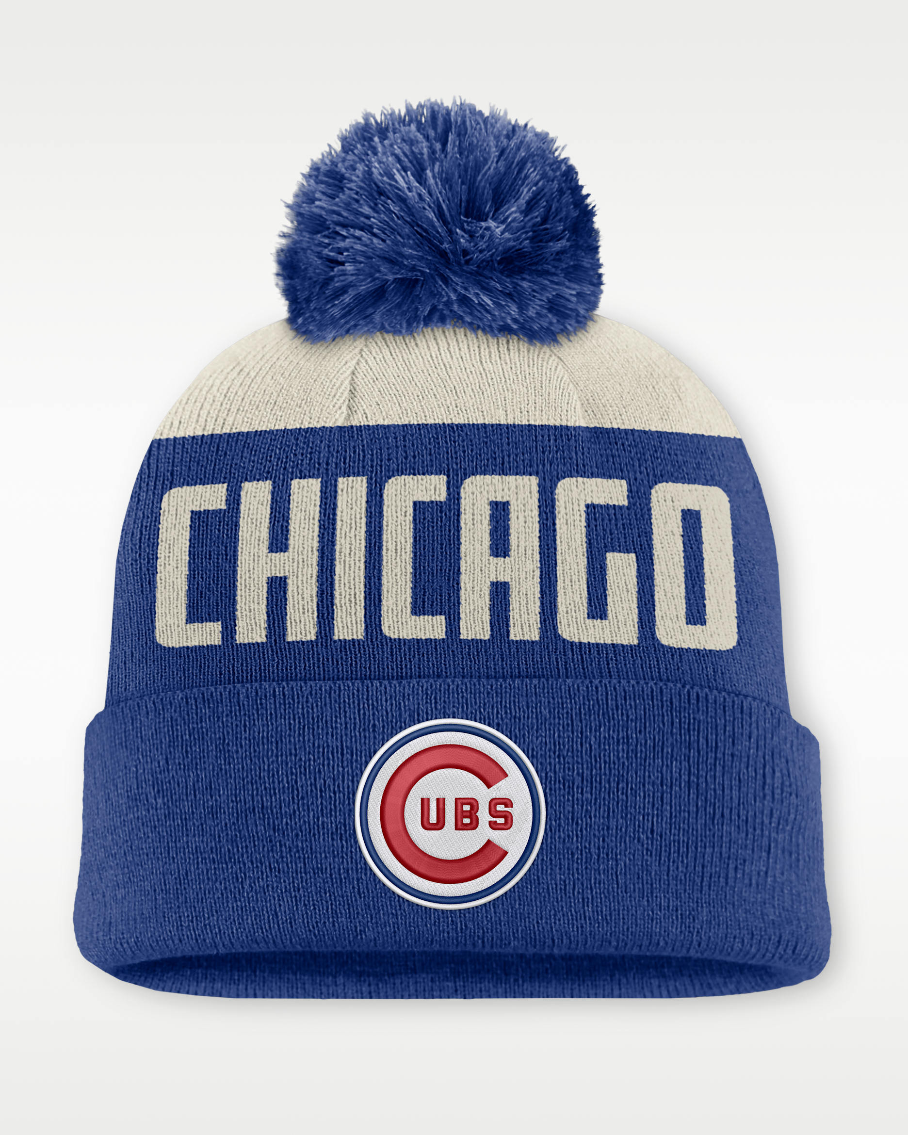 Gorro con dobladillo y pompón Nike de la MLB para hombre Chicago Cubs Cooperstown Peak - Blanco/Azul