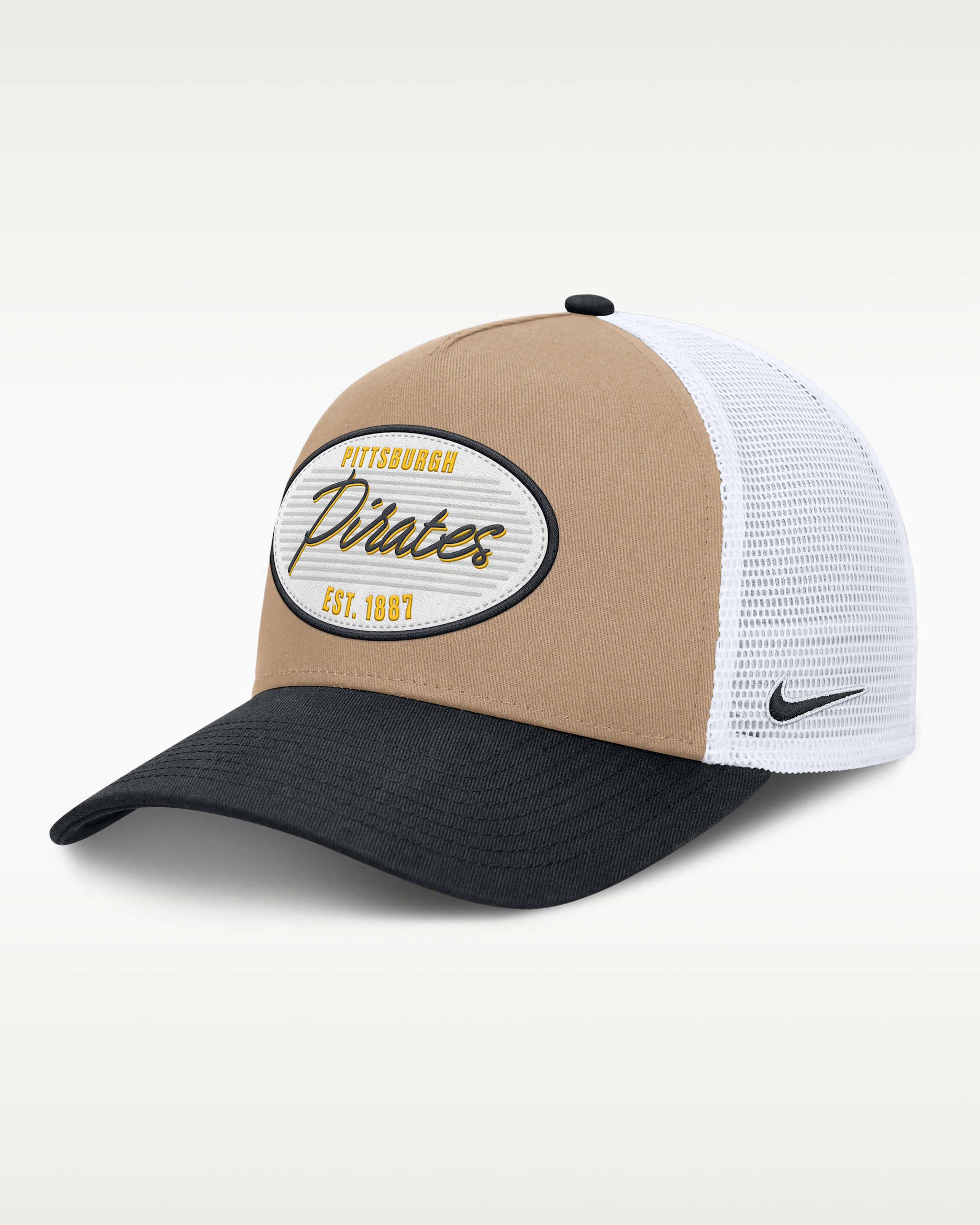 Pittsburgh Pirates Rise Men's Nike MLB A-Frame Trucker Adjustable Hat - Khaki/Black/Black