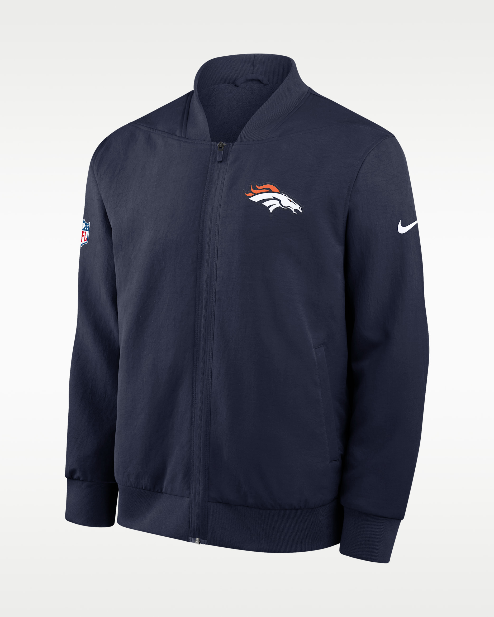 Chamarra bomber Nike de la NFL de cierre completo para hombre Denver Broncos Sideline - Azul marino