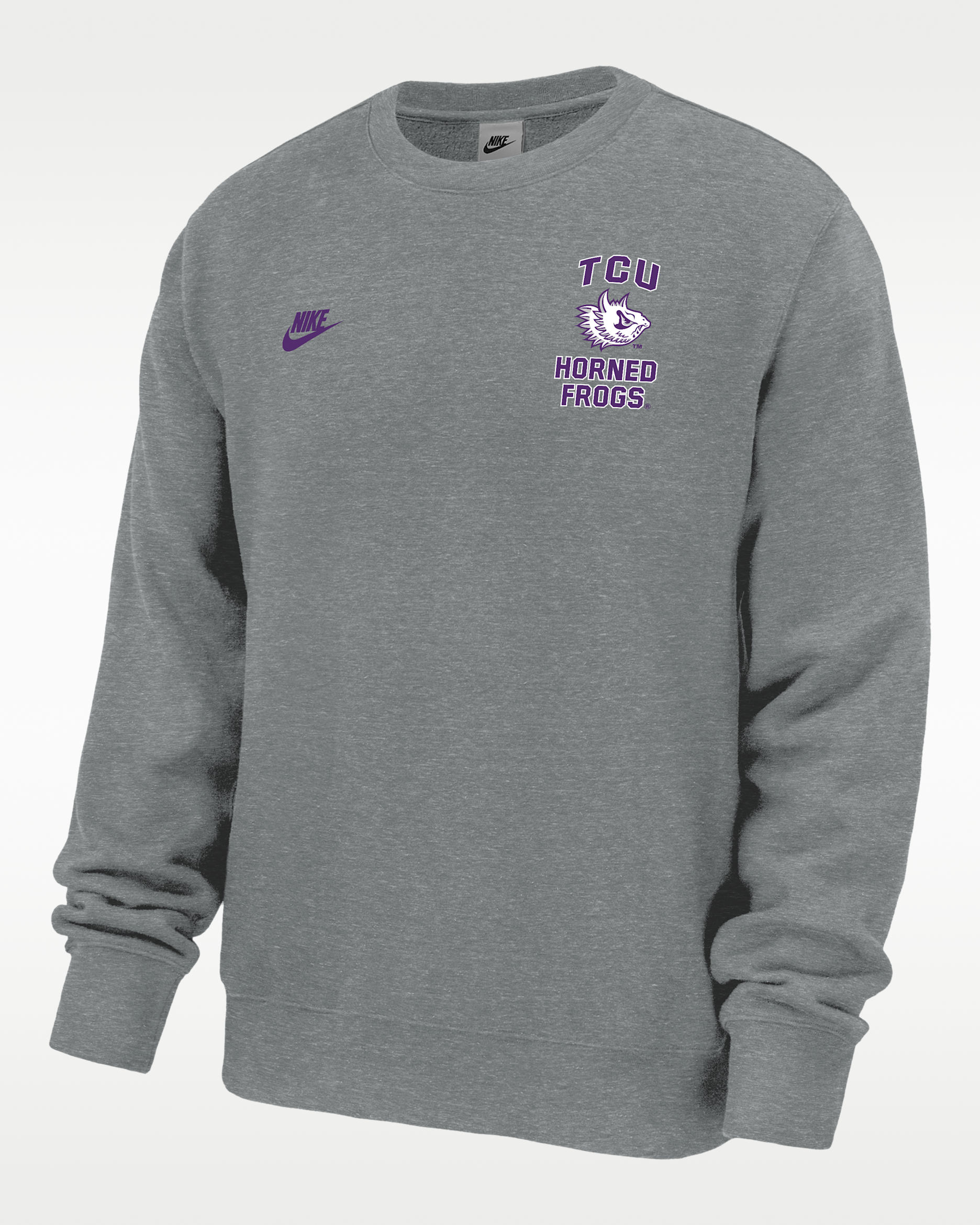 Sudadera de futbol Nike de tejido Fleece con cuello redondo para hombre TCU Horned Frogs Club - Gris oscuro jaspeado