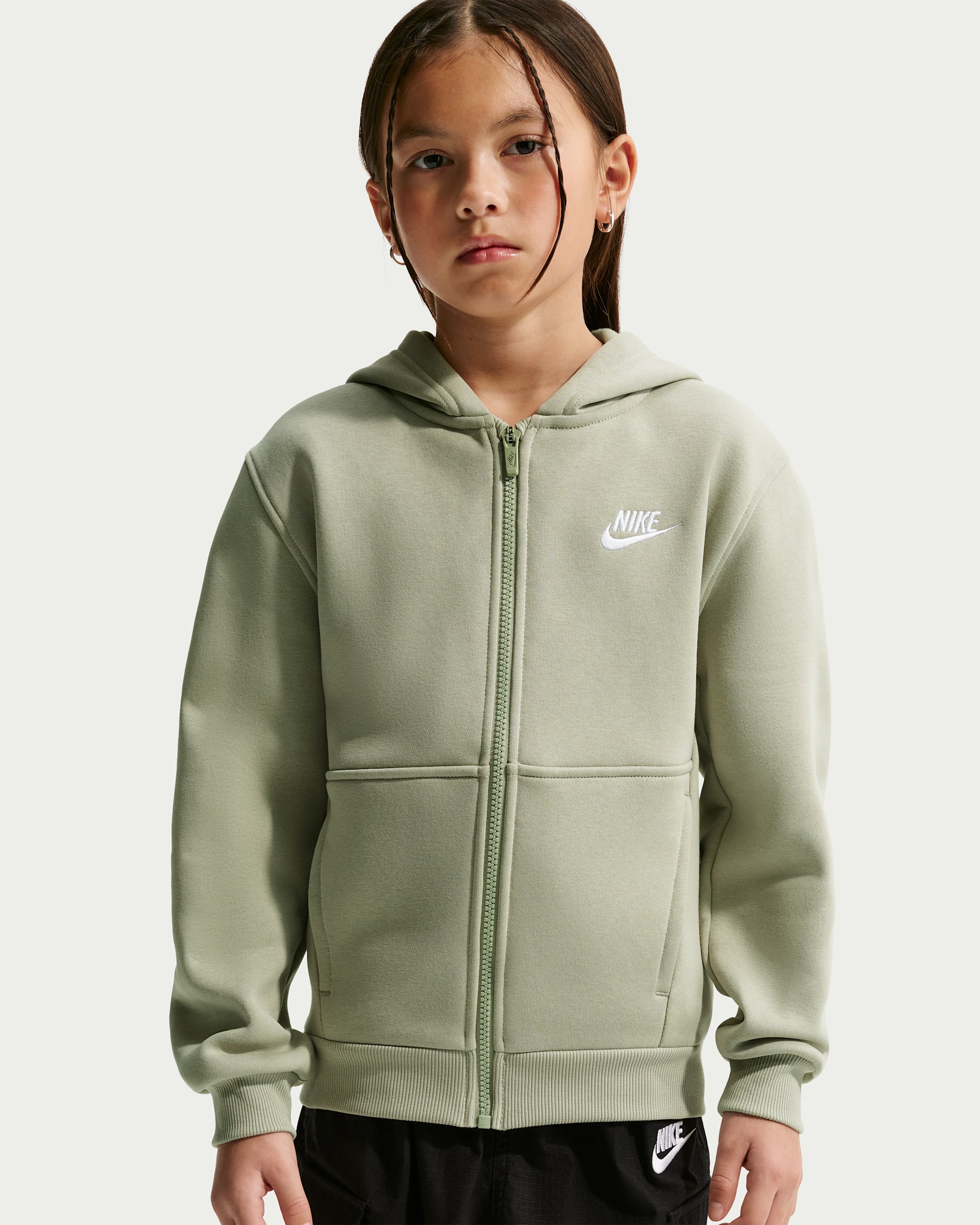 Nike Sportswear Club Fleece Sudadera con gorro de cierre completo para niños talla grande - Niebla pícea/Blanco