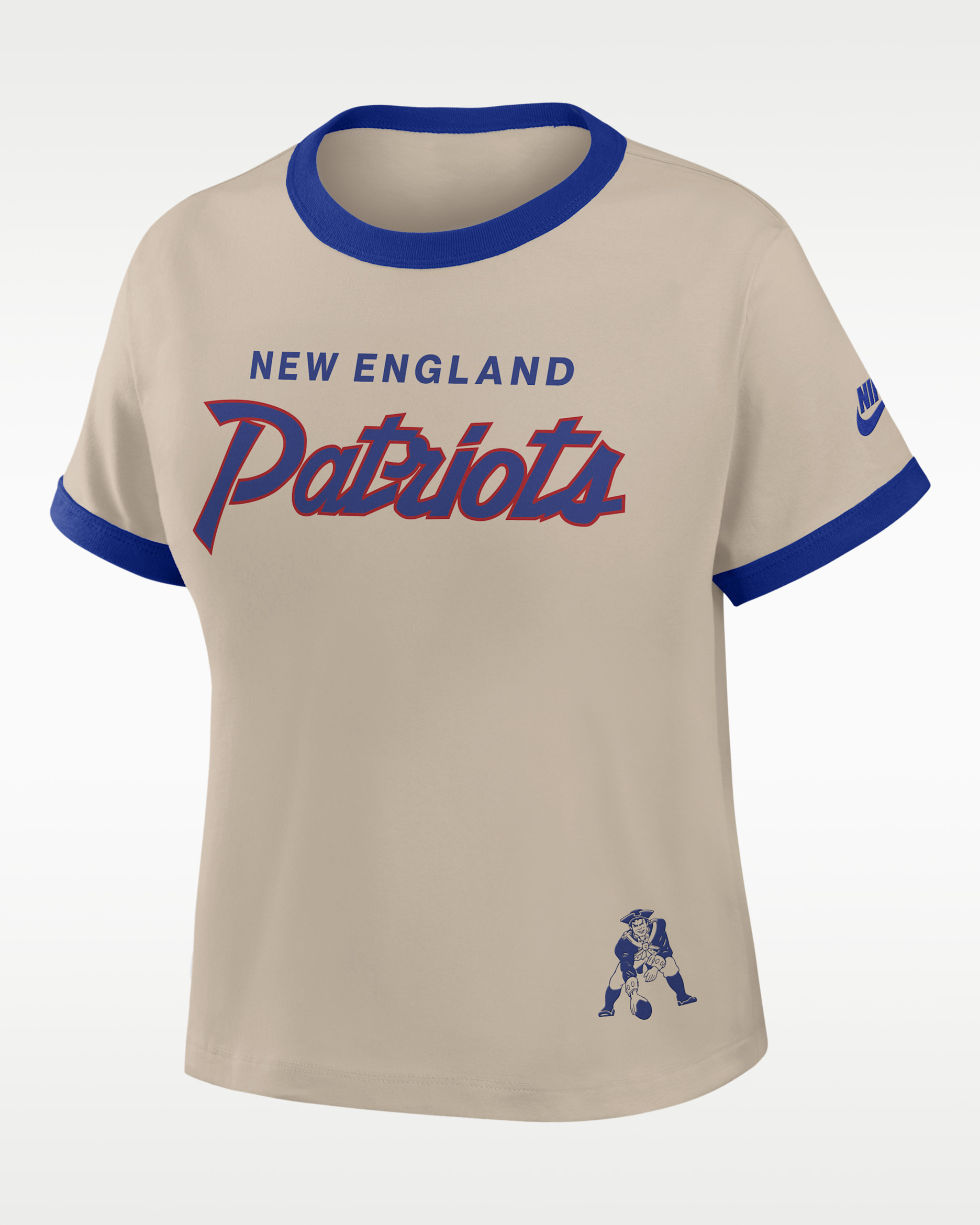 Playera Nike de la NFL cropped para mujer New England Patriots Rewind Ringer Mod - Crema/Azul eléctrico