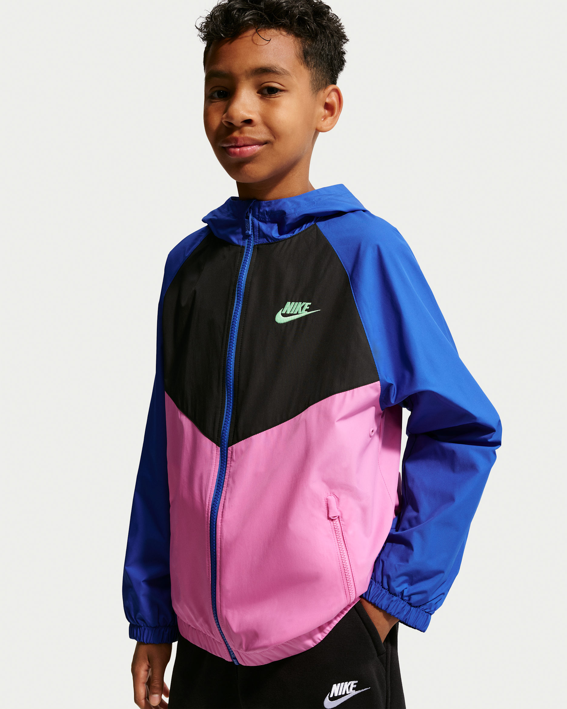 Nike Sportswear Windrunner Big Kids' Hooded Repel Jacket - Game Royal/Playful Pink/Black/Illusion Green