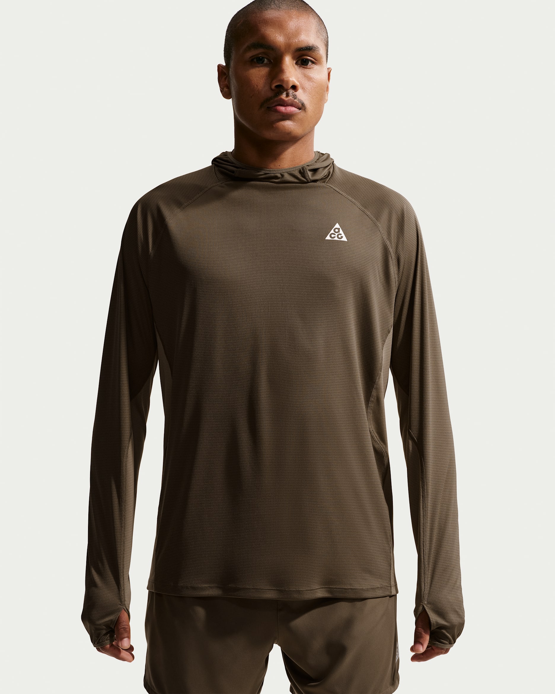 Nike ACG "Solar Chase" Men's Dri-FIT UV Protection Hooded Trail Running Top - Ironstone/Mink Brown/Summit White