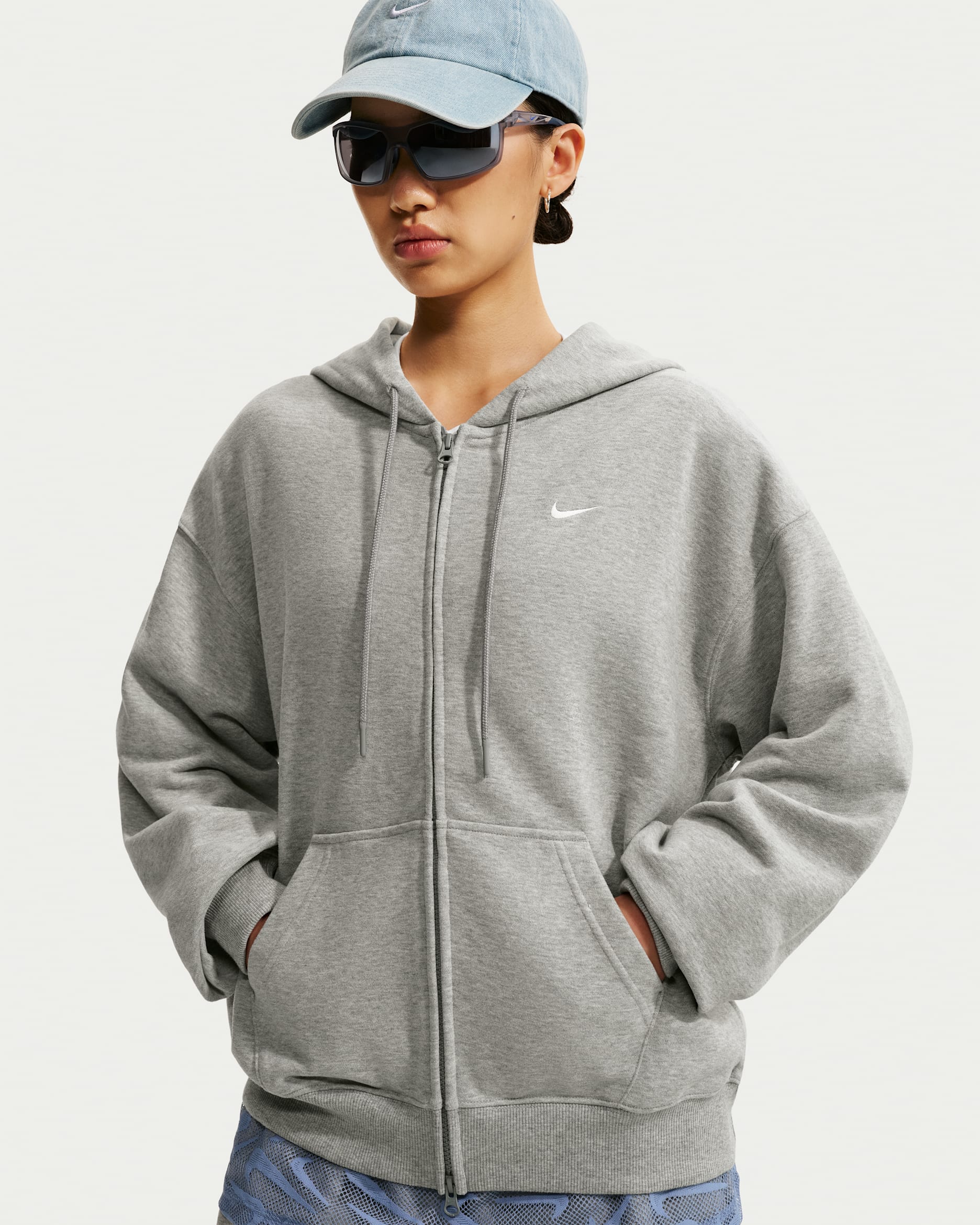 Nike Studio Fleece Lightweight Women's Oversized Full-Zip Hoodie - Dark Grey Heather/Sail