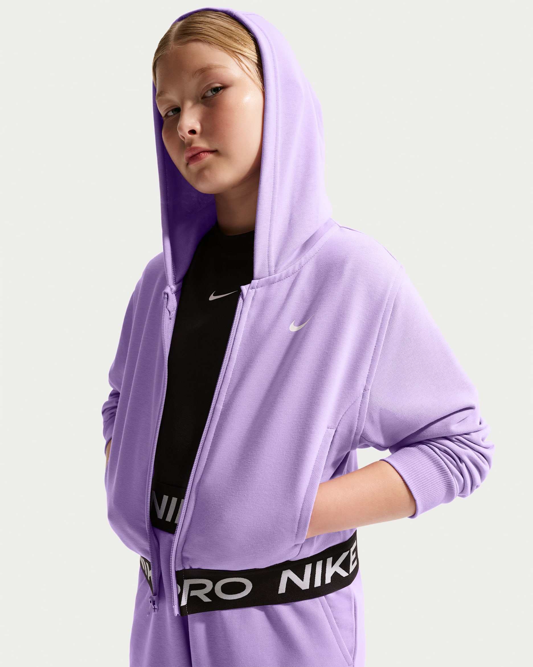 Nike Pro Fleece Big Kids' (Girls') Dri-FIT Full-Zip Hoodie - Violet Star/Violet Star/Black/White