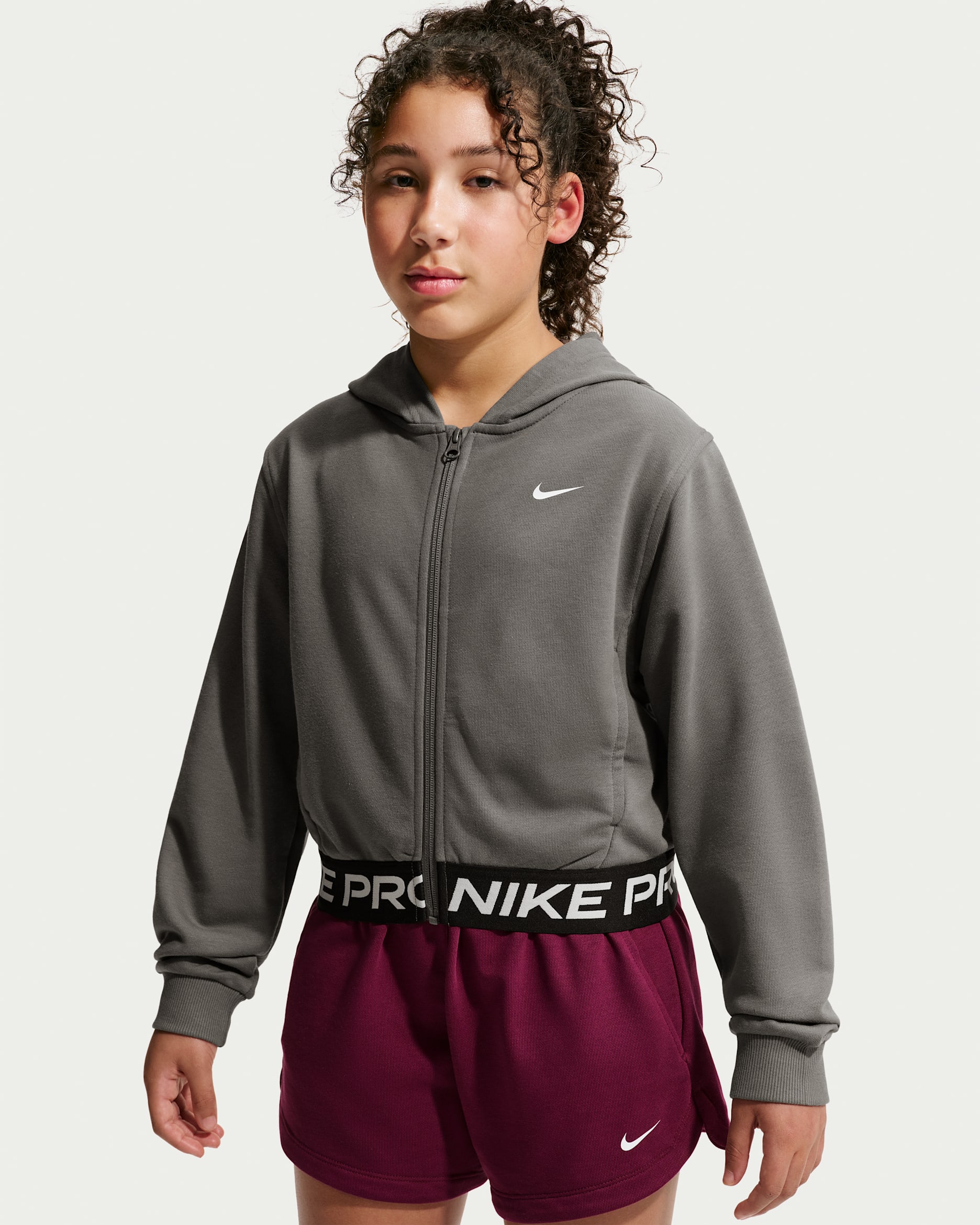 Nike Pro Fleece Older Kids' (Girls') Dri-FIT Full-Zip Hoodie - Cave Stone/Cave Stone/Black/White