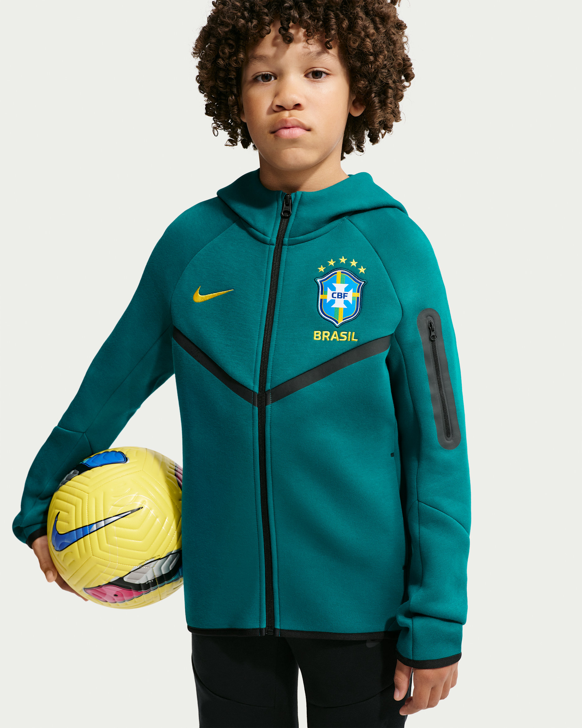 Brazil Tech Fleece Big Kids' (Boys') Nike Soccer Full-Zip Hoodie - Geode Teal/Midwest Gold
