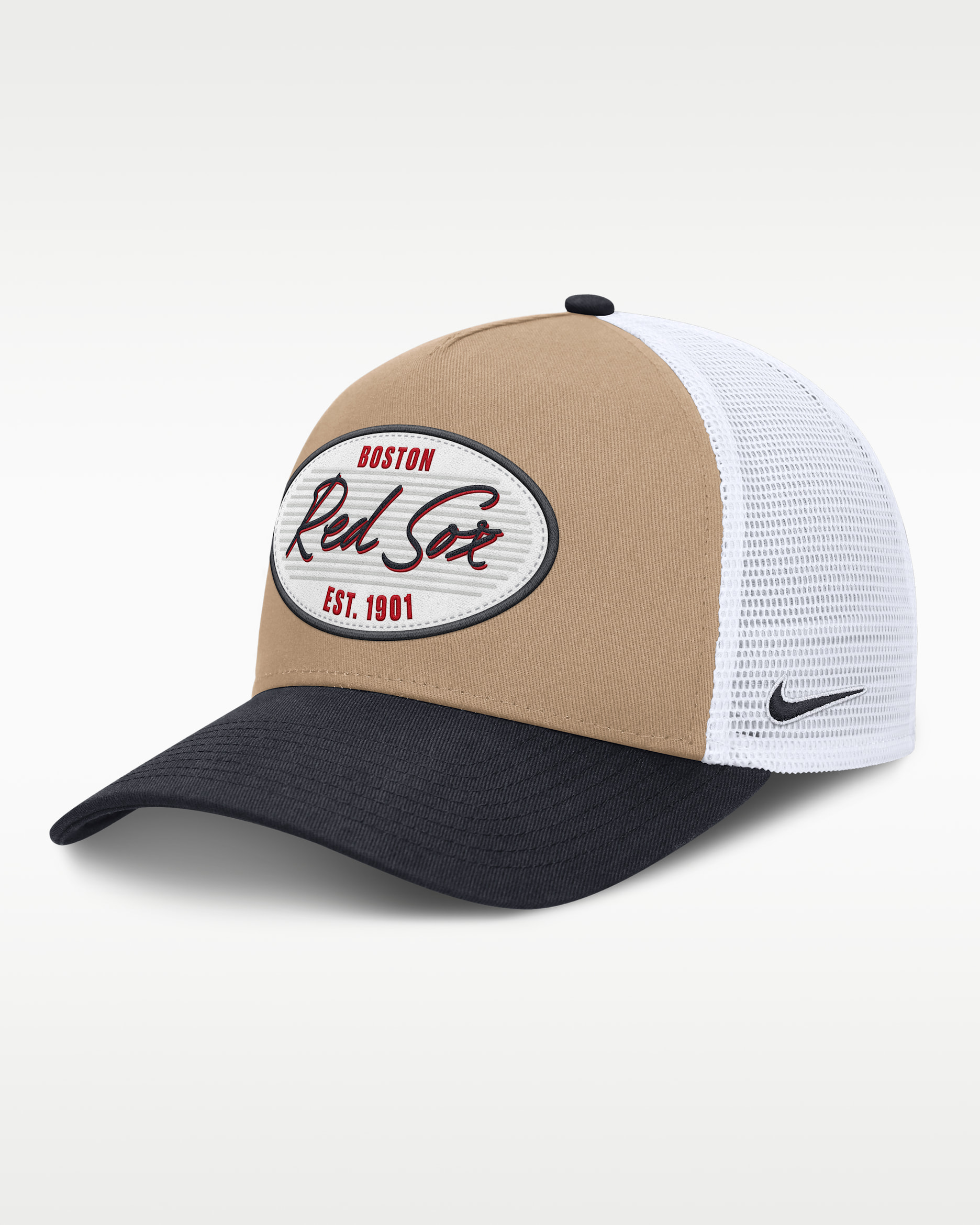 Boston Red Sox Rise Men's Nike MLB A-Frame Trucker Adjustable Hat - Khaki/Navy/Navy