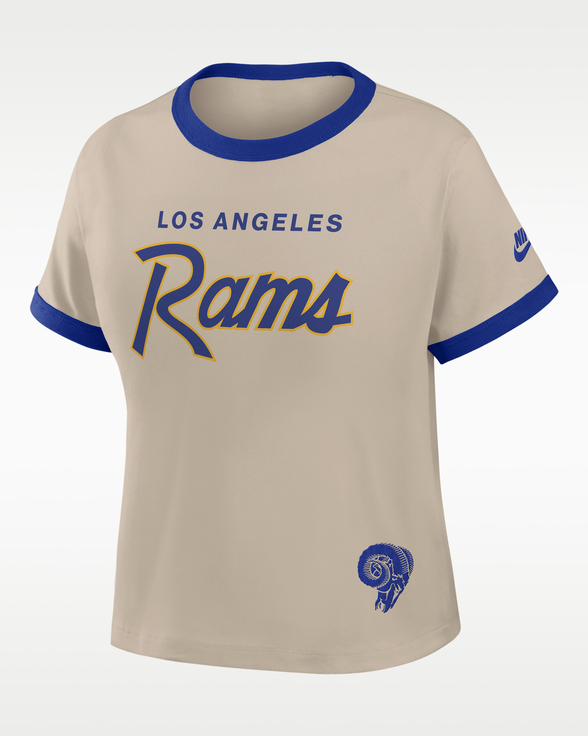 Los Angeles Rams Rewind Ringer Mod Women's Nike NFL Cropped T-Shirt - Cream/Old Royal