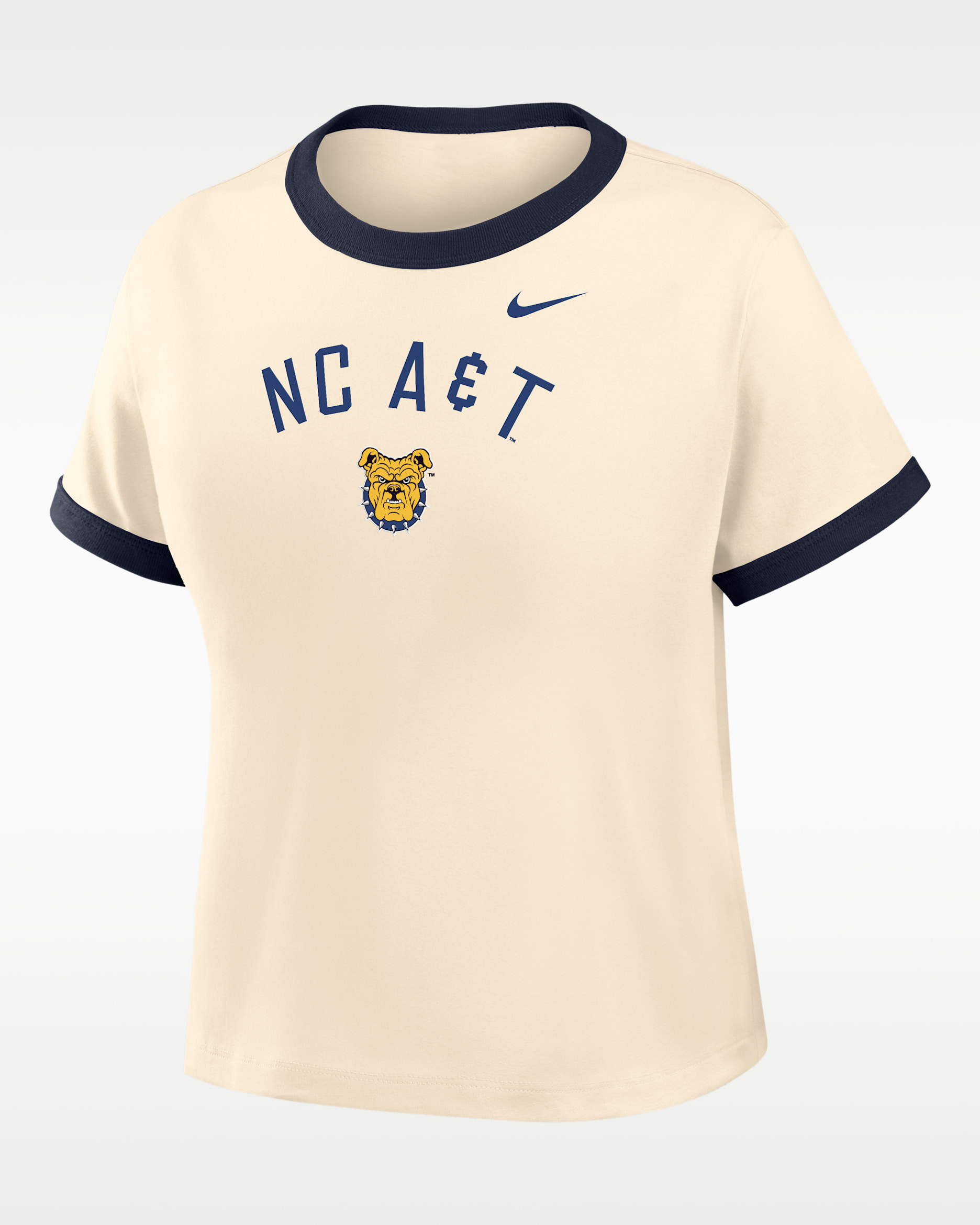 Playera cropped Ringer para mujer Nike College (North Carolina A&T University) - Natural/Negro