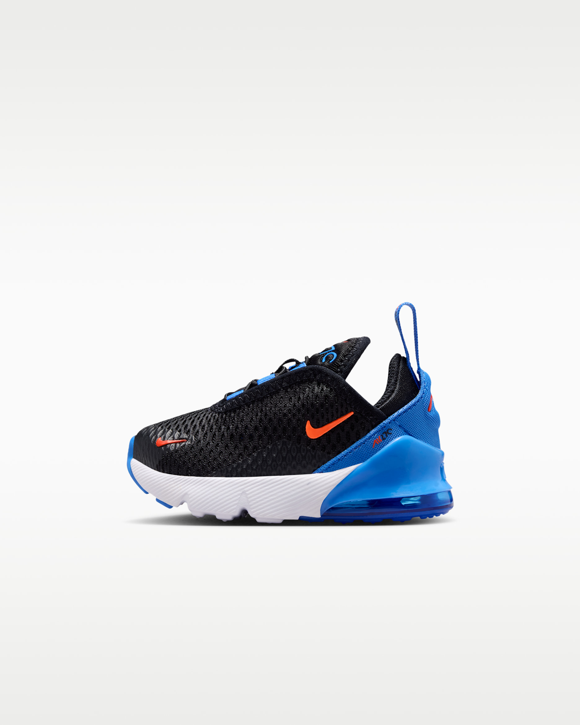 Tenis para bebé e infantil Nike Air Max 270 - Negro/Azul cristal/Blanco/Naranja césped