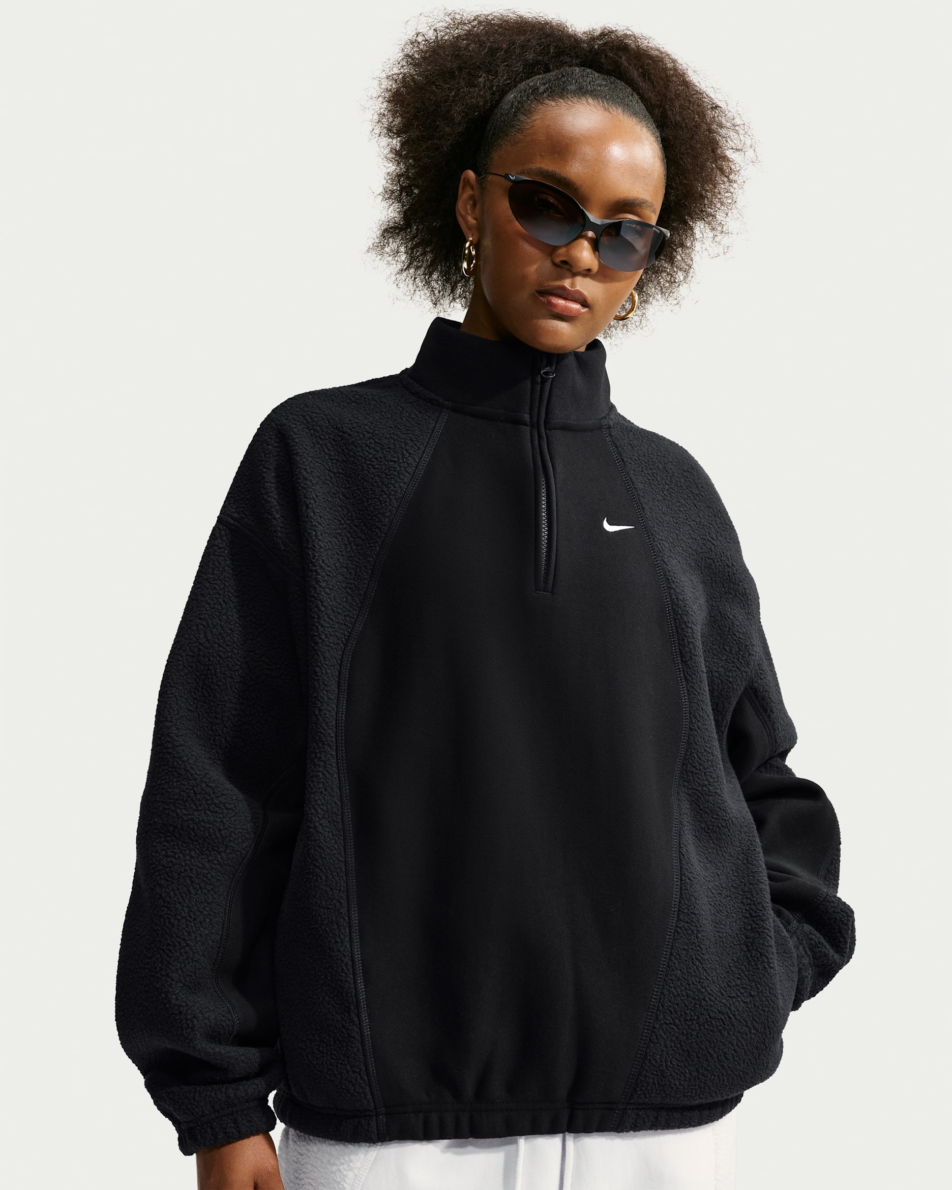 Sudadera oversized con cierre de 1/4 para mujer Nike Studio Fleece Heavyweight Plush - Total Black/Negro/Vela