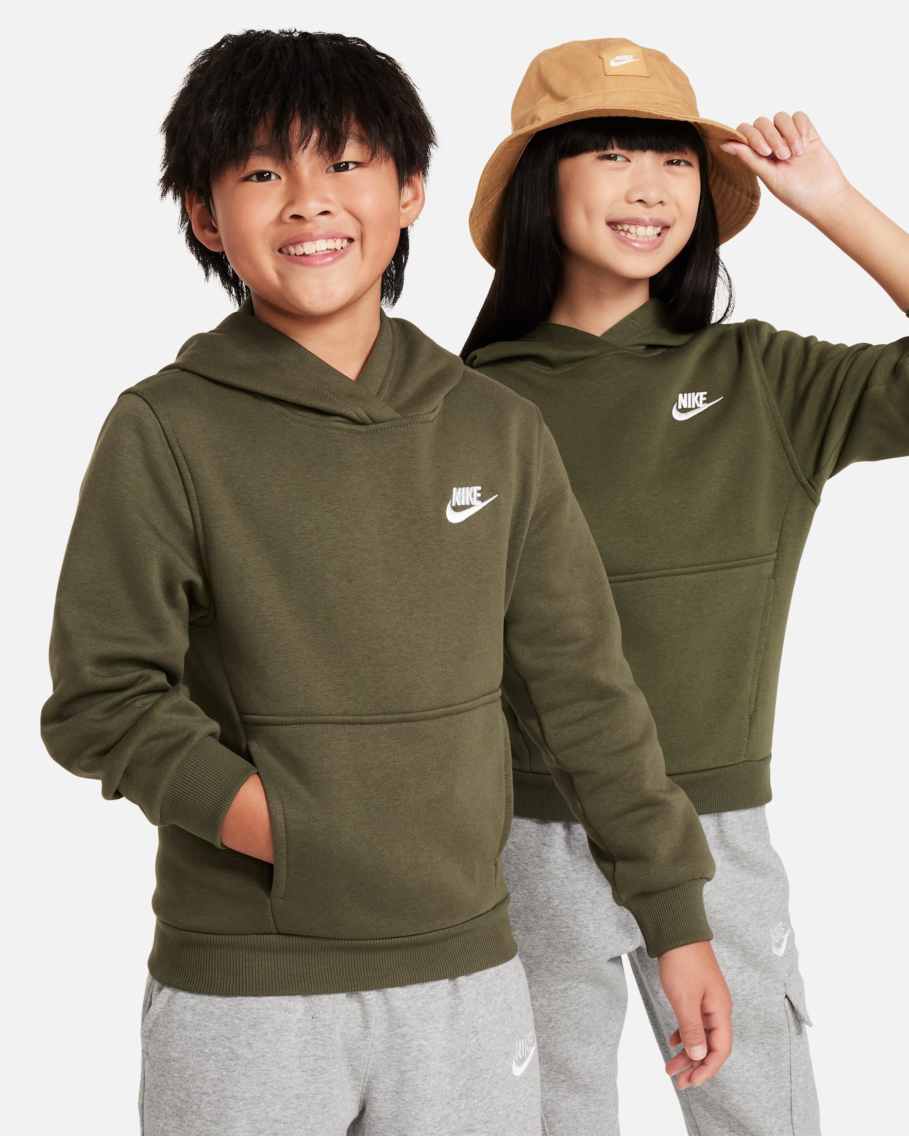 Nike Sportswear Club Fleece Big Kids' Pullover Hoodie - Cargo Khaki/White