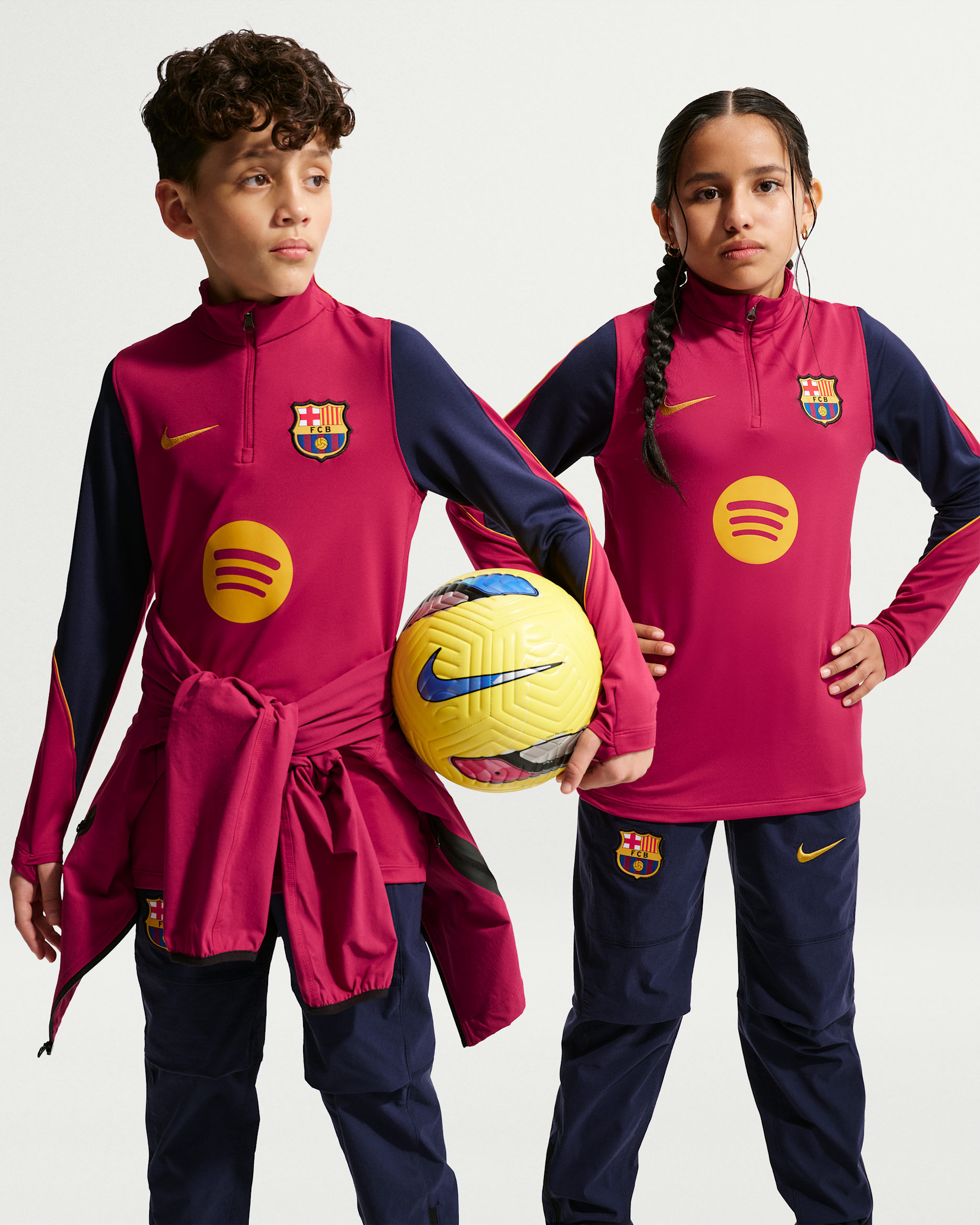 FC Barcelona Strike Big Kids' Nike Dri-FIT Soccer Knit Drill Top - Noble Red/Blackened Blue/Noble Red/Mineral Yellow