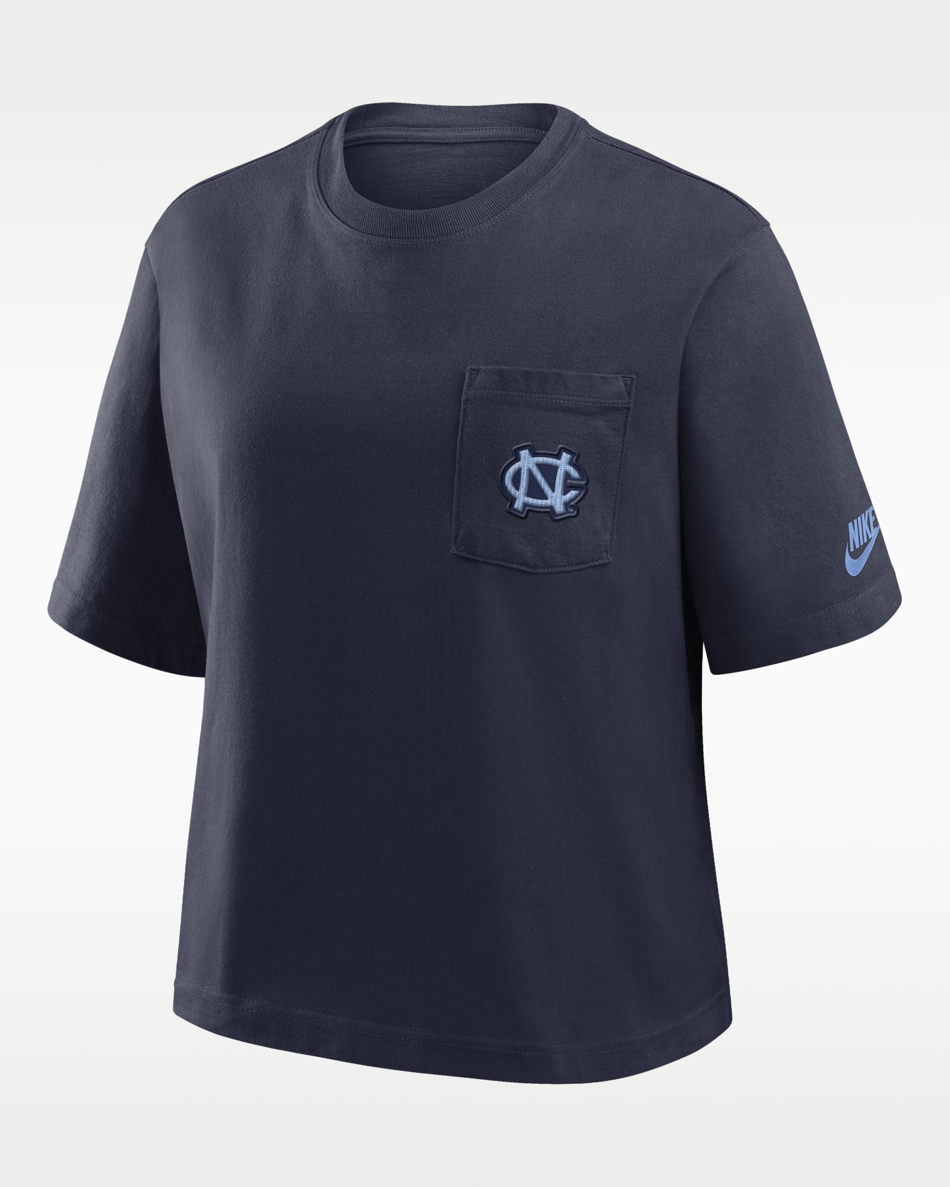Playera universitaria Nike para mujer North Carolina Legacy Pocket Boxy - Azul marino