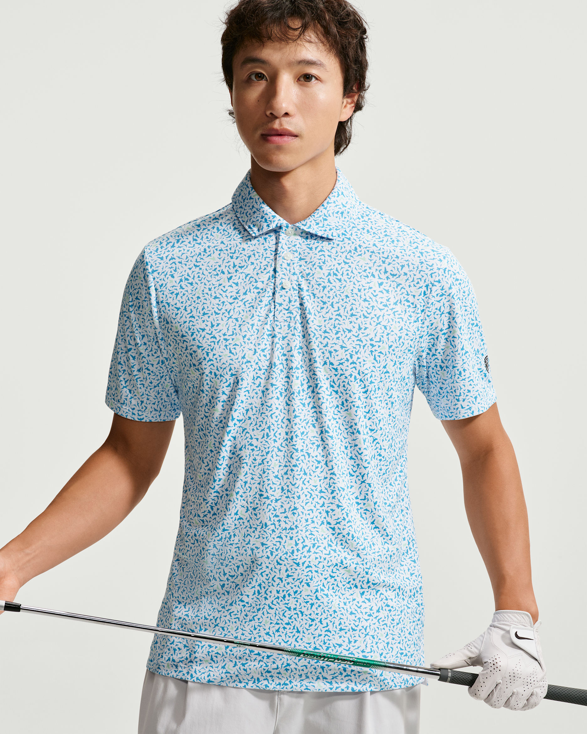 เสื้อโปโลกอล์ฟผู้ชาย Dri-FIT Microprint Birds Nike Par - Aurora Blue