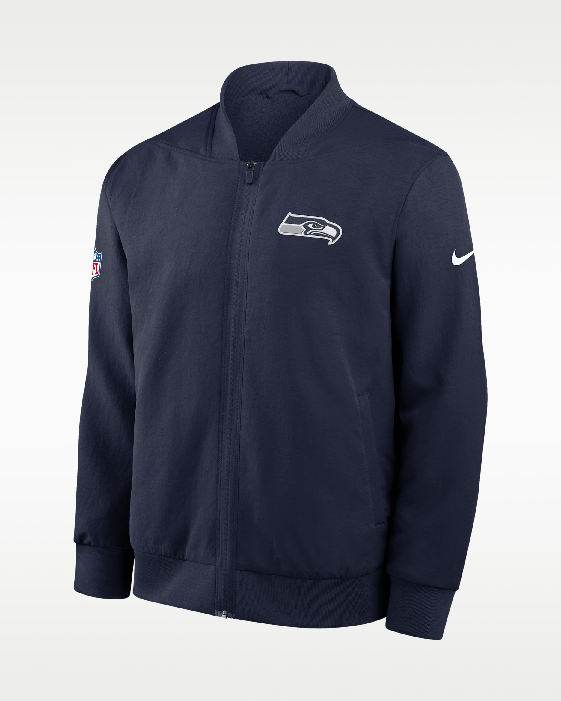 Chamarra bomber Nike de la NFL de cierre completo para hombre Seattle Seahawks Sideline - Azul marino