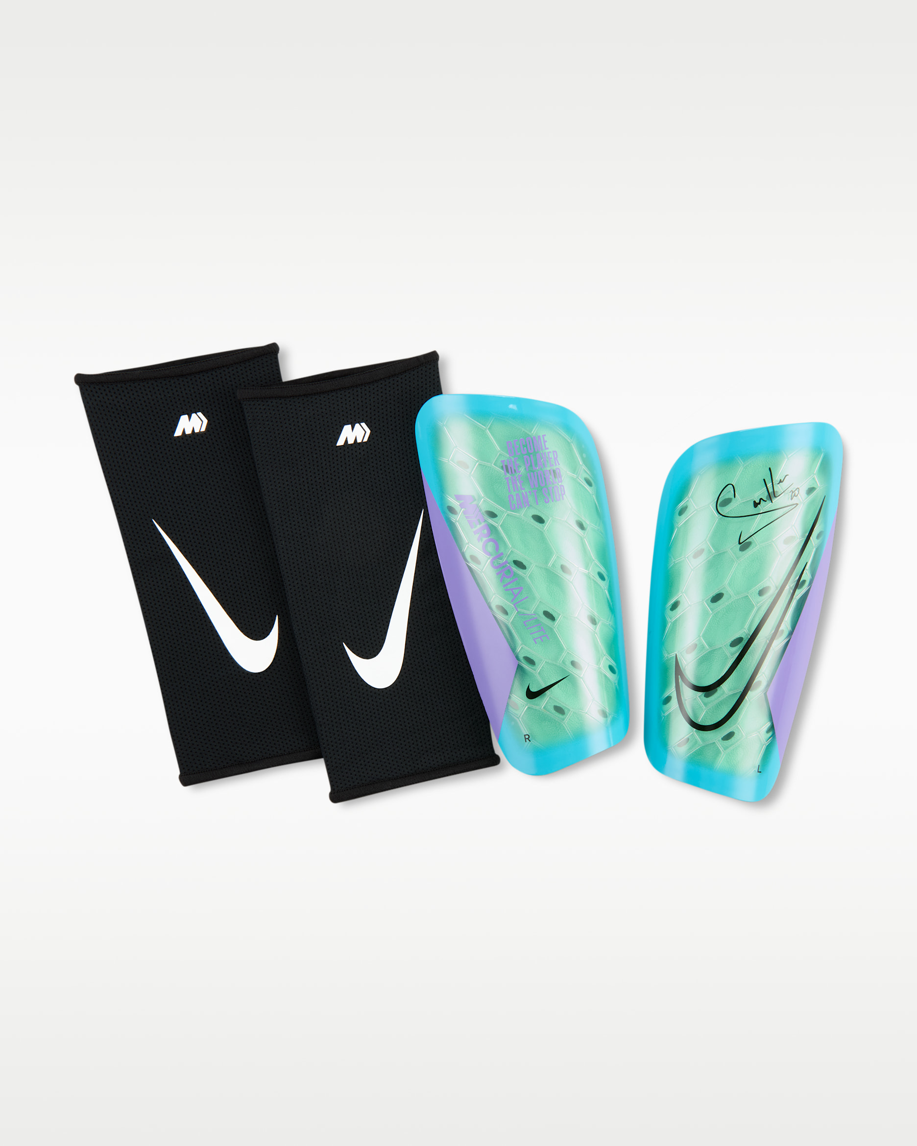 Protège-tibias de foot Nike Mercurial Lite « Sam Kerr » - Green Glow/Atomic Violet/Noir