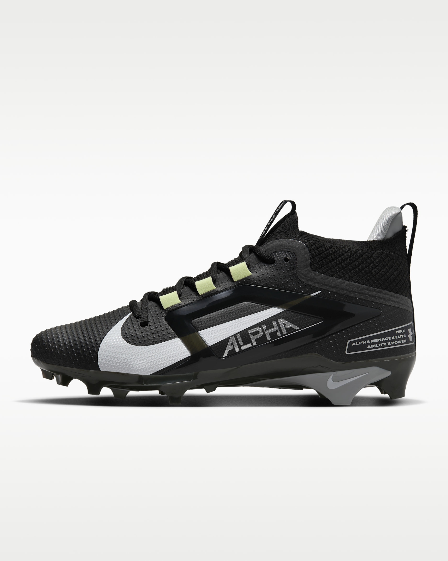 Nike Alpha Menace 4 Elite Football Cleats - Black/Light Smoke Grey/Metallic Silver/White