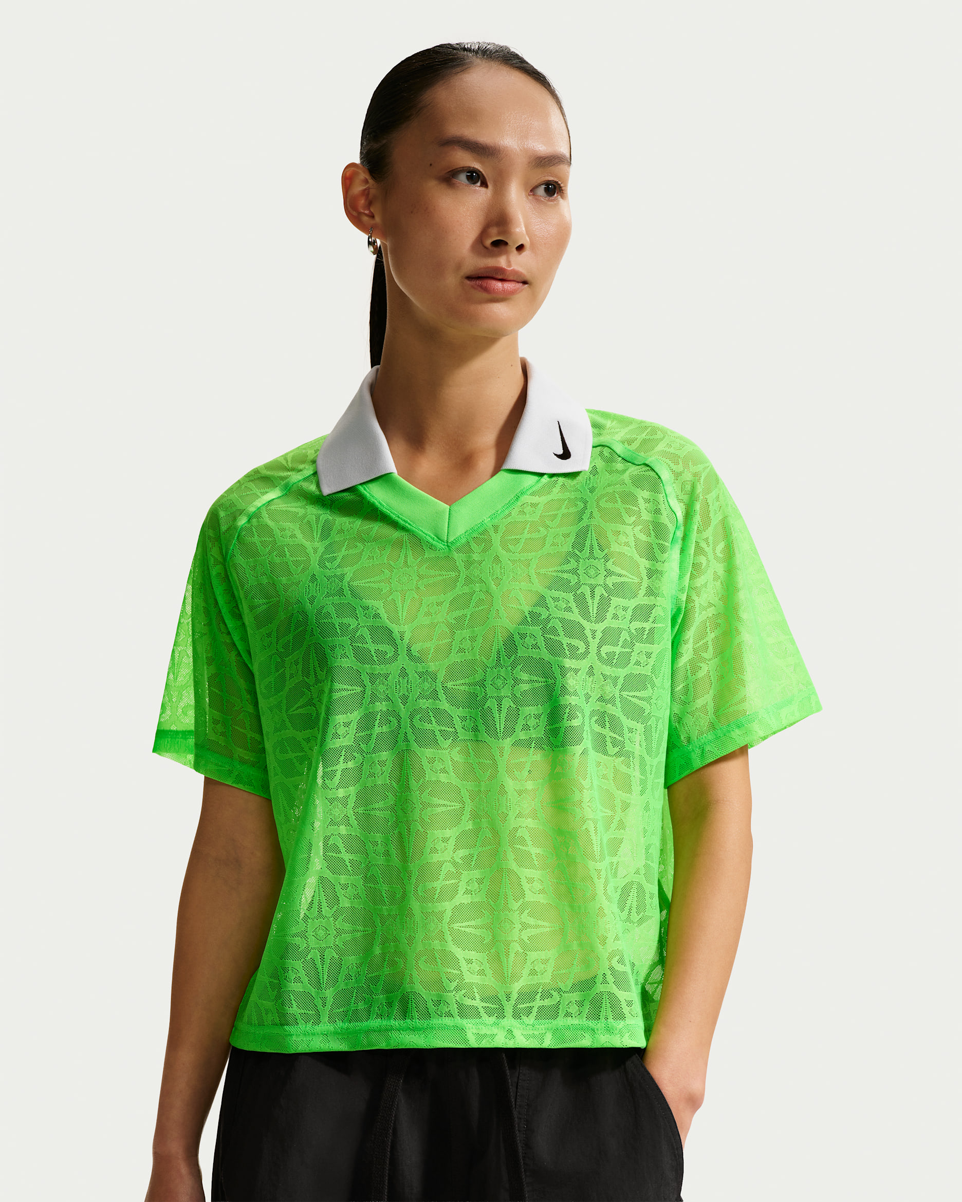 Nike Sportswear Women's Loose Lace Polo Jersey Top - Green Strike/Pure Platinum/Black/Black