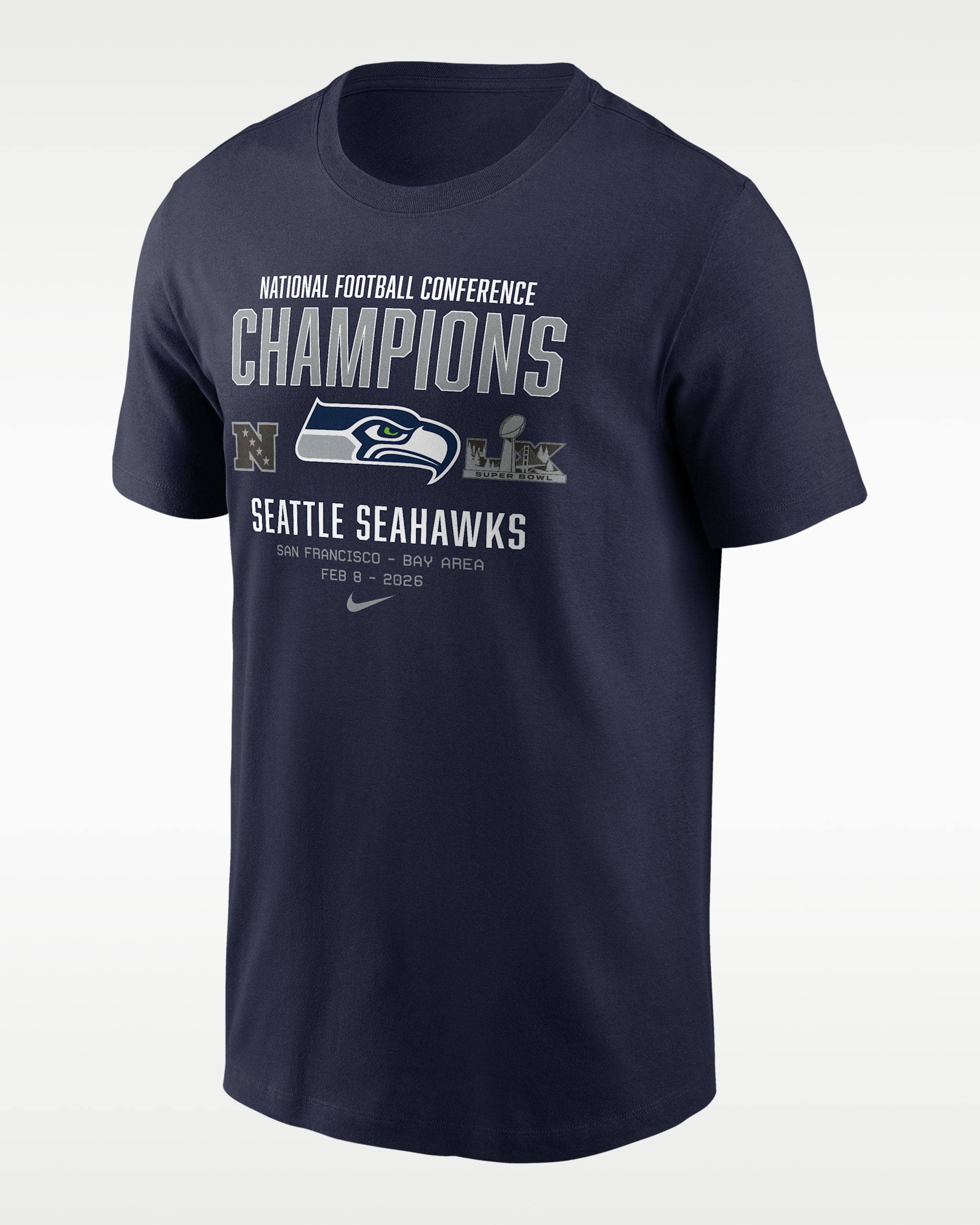 Playera Nike de la NFL para hombre Seattle Seahawks 2026 NFC Champions Team Nation - Azul marino