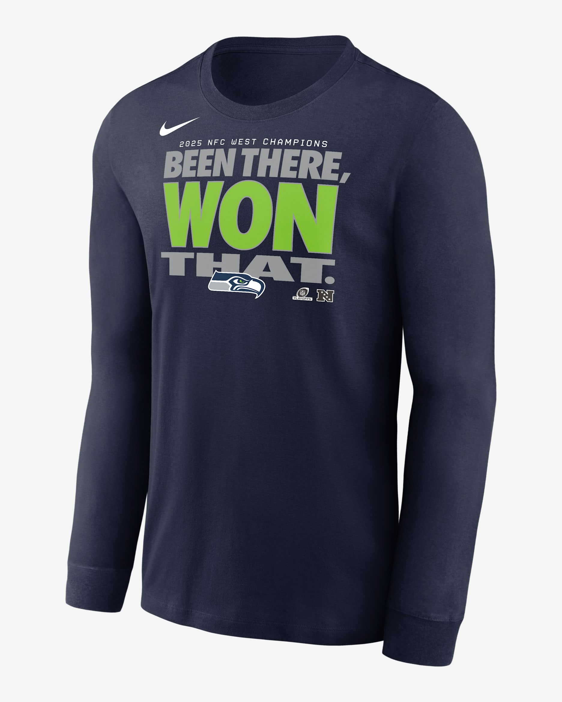 Seattle Seahawks 2025 NFC West Champions Trophy Collection Men's Nike NFL Long-Sleeve T-Shirt - Navy
