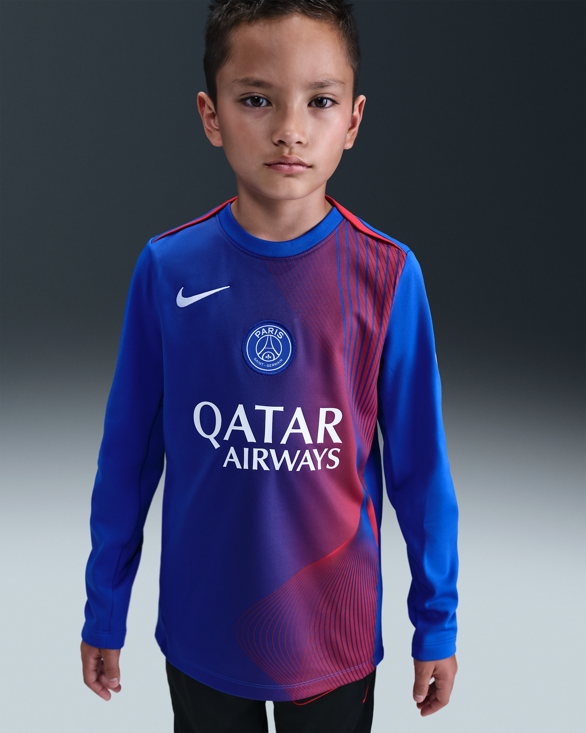 Langærmet Paris Saint-Germain Academy Pro Third Nike Dri-FIT Total 90-fodboldopvarmningstrøje til større børn - Hyper Royal/Global Red/hvid