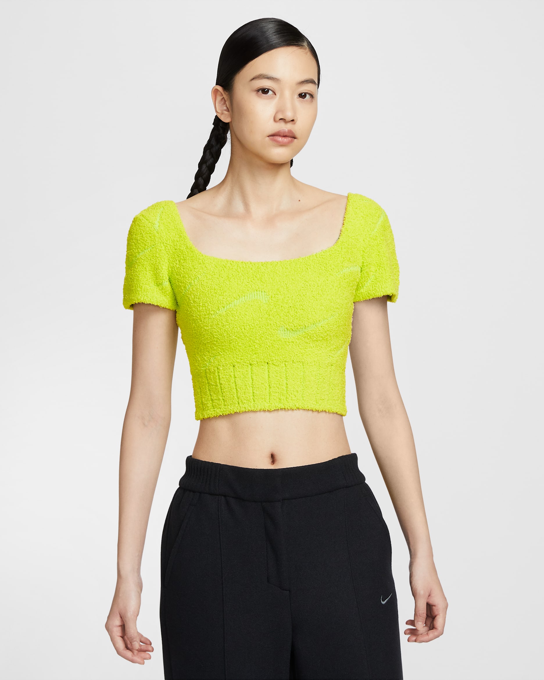 ナイキ スポーツウェア フェニックス コージー ブークレ ウィメンズ ショートスリーブ クロップド ニット トップス - サイバー/サイバー/サイバー