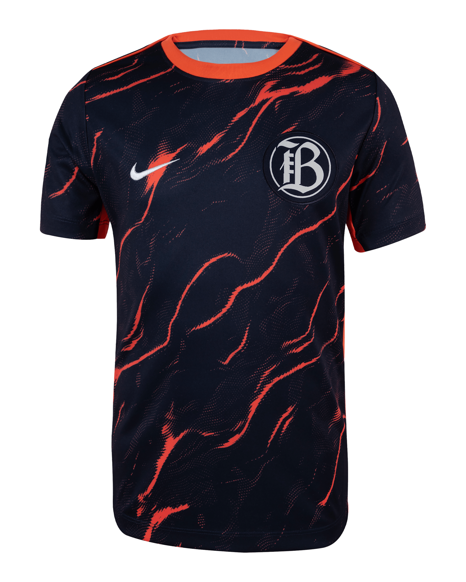 Playera de manga corta Nike de la NWSL para antes del partido para niños talla grande Bay FC 2025 - Coral enérgico/Obsidiana