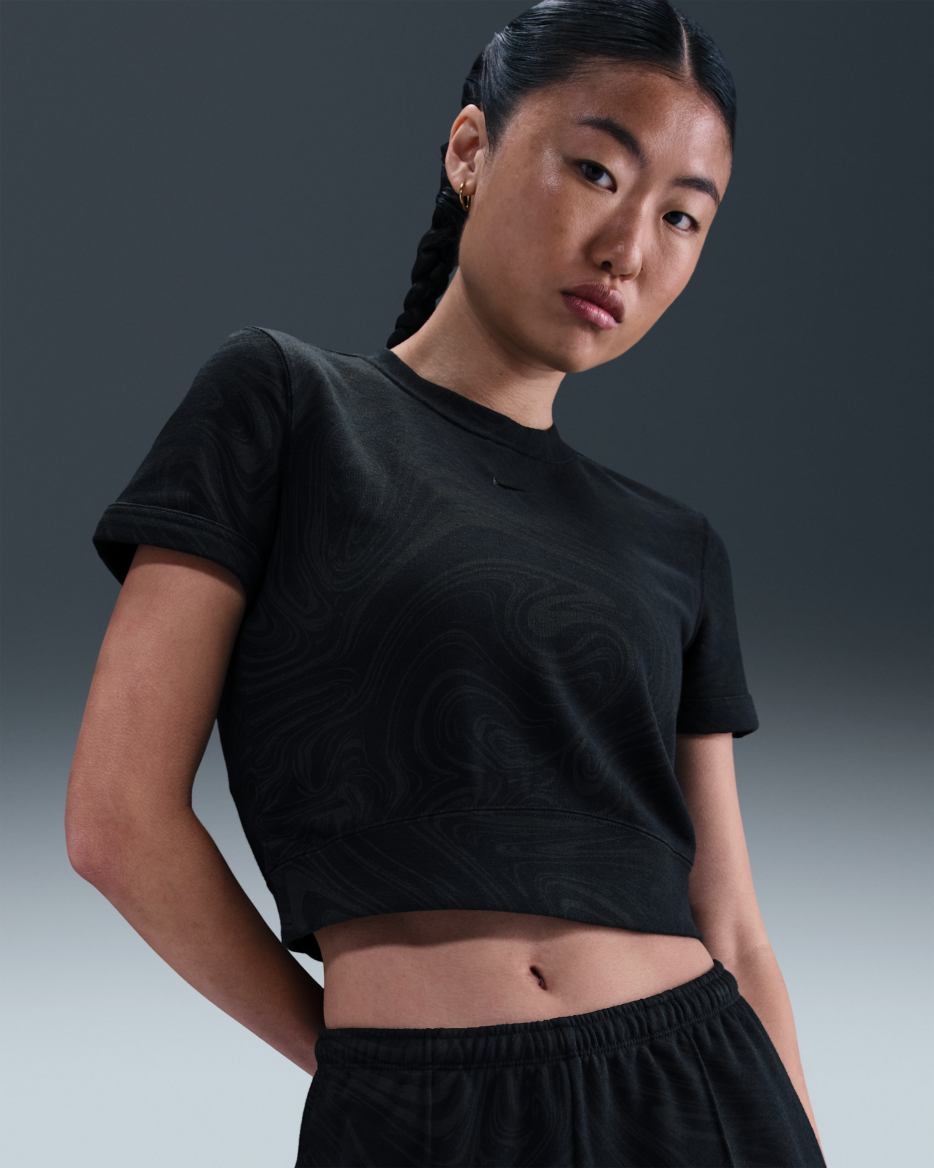 Nike Sportswear Chill Terry Women's Short-Sleeve French Terry Printed Top - Black/Black