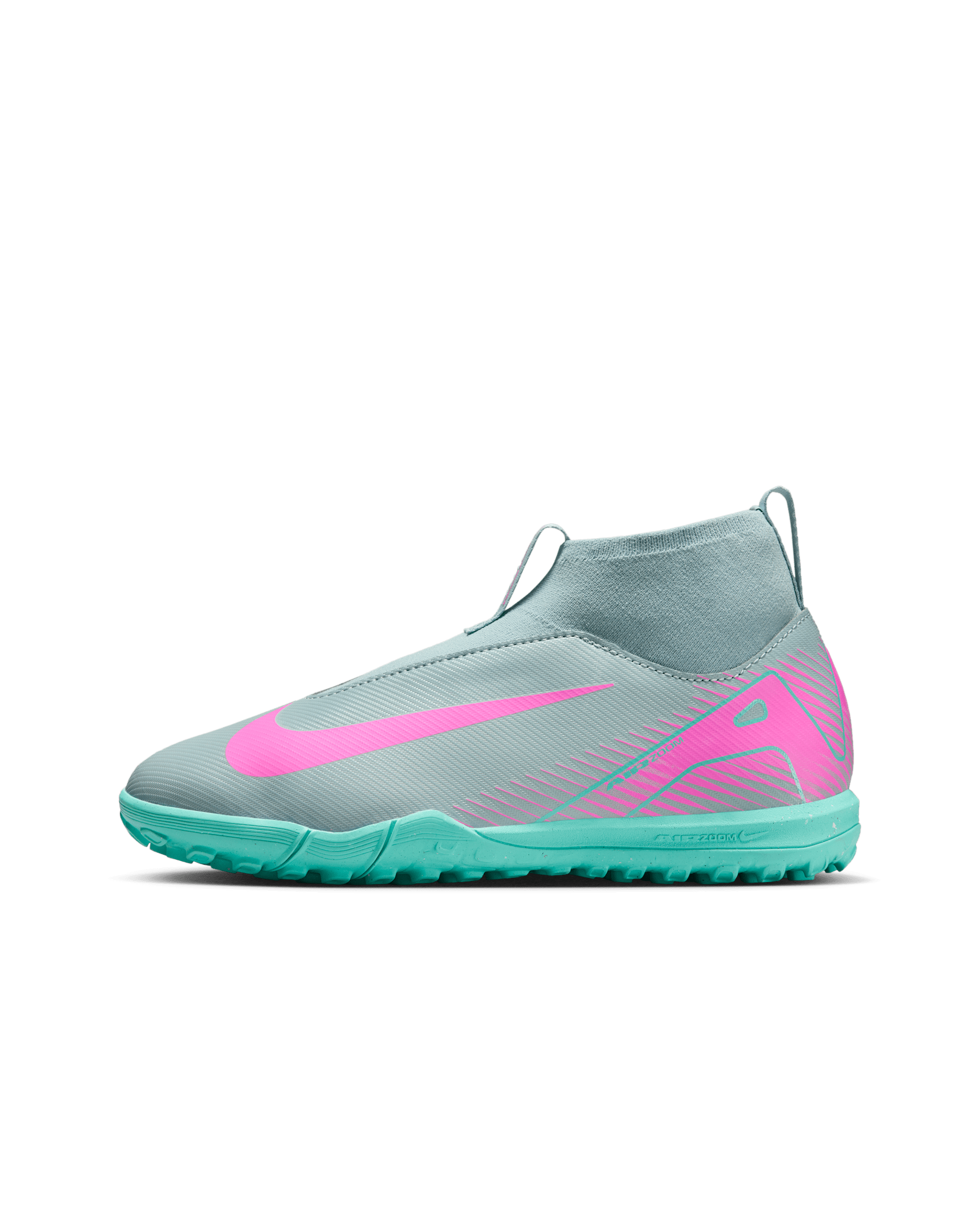 Tacos de fútbol para pasto sintético (turf) de corte high para niños de preescolar y grandes Nike Jr. Mercurial Superfly 10 Academy - Cubo océano/Avalancha rosa