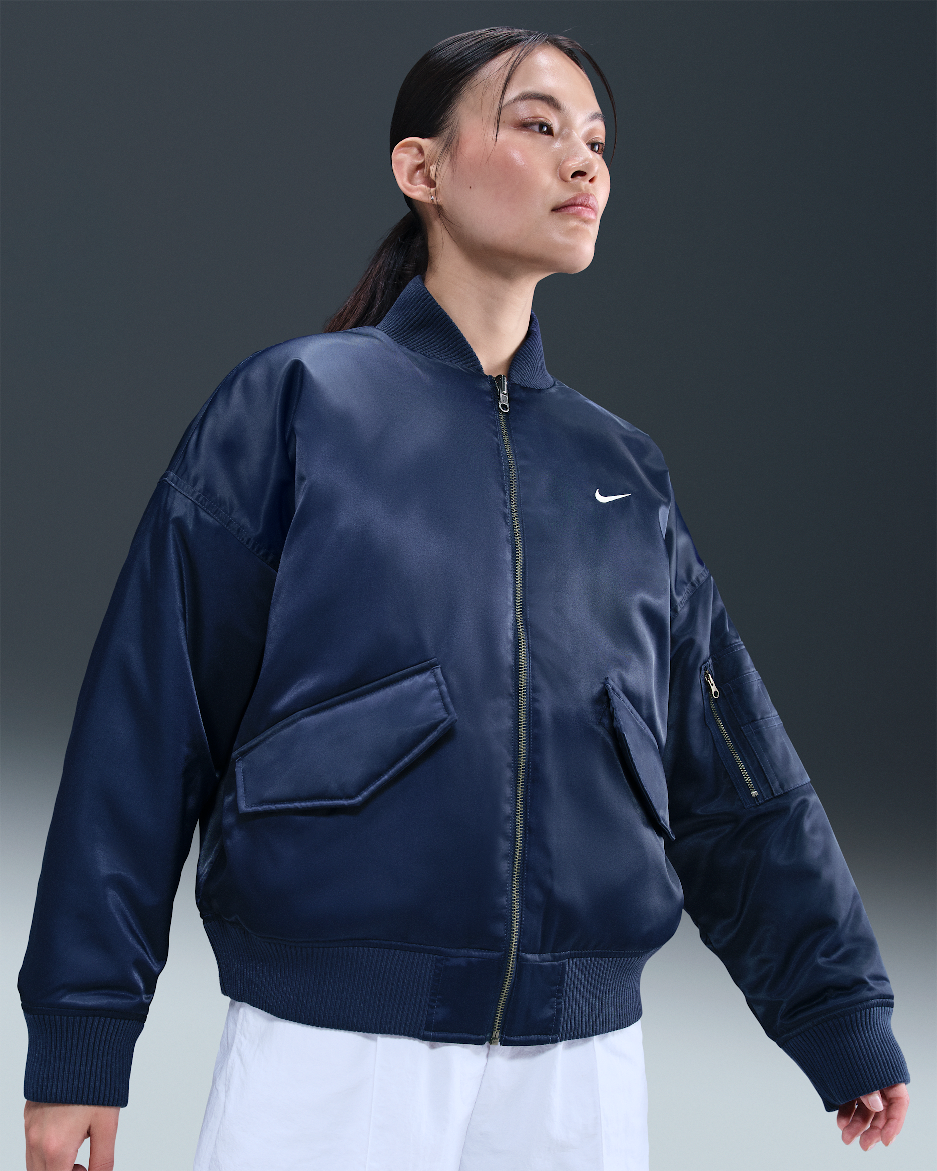 Nike Sportswear Women's Therma-FIT Reversible Bomber Jacket - Midnight Navy/Diffused Blue/Sail/Sail