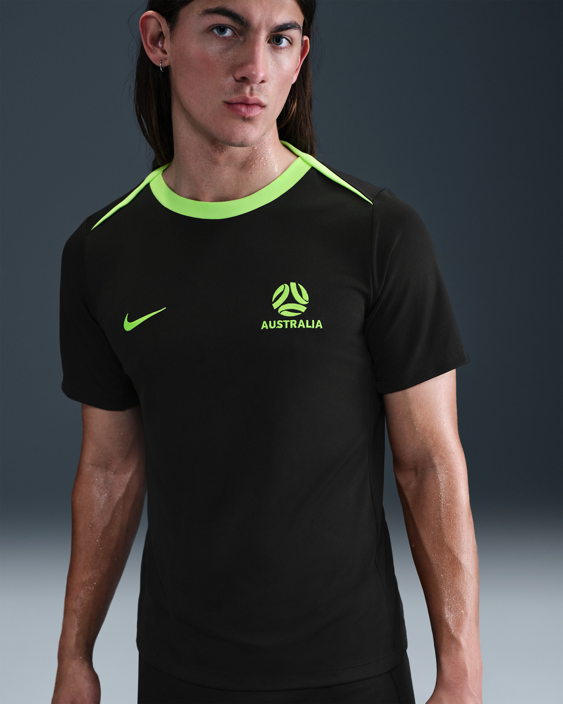 Australia Academy Pro Men's Nike Dri-FIT Football Short-Sleeve Top - Black/Lime Blast/Lime Blast