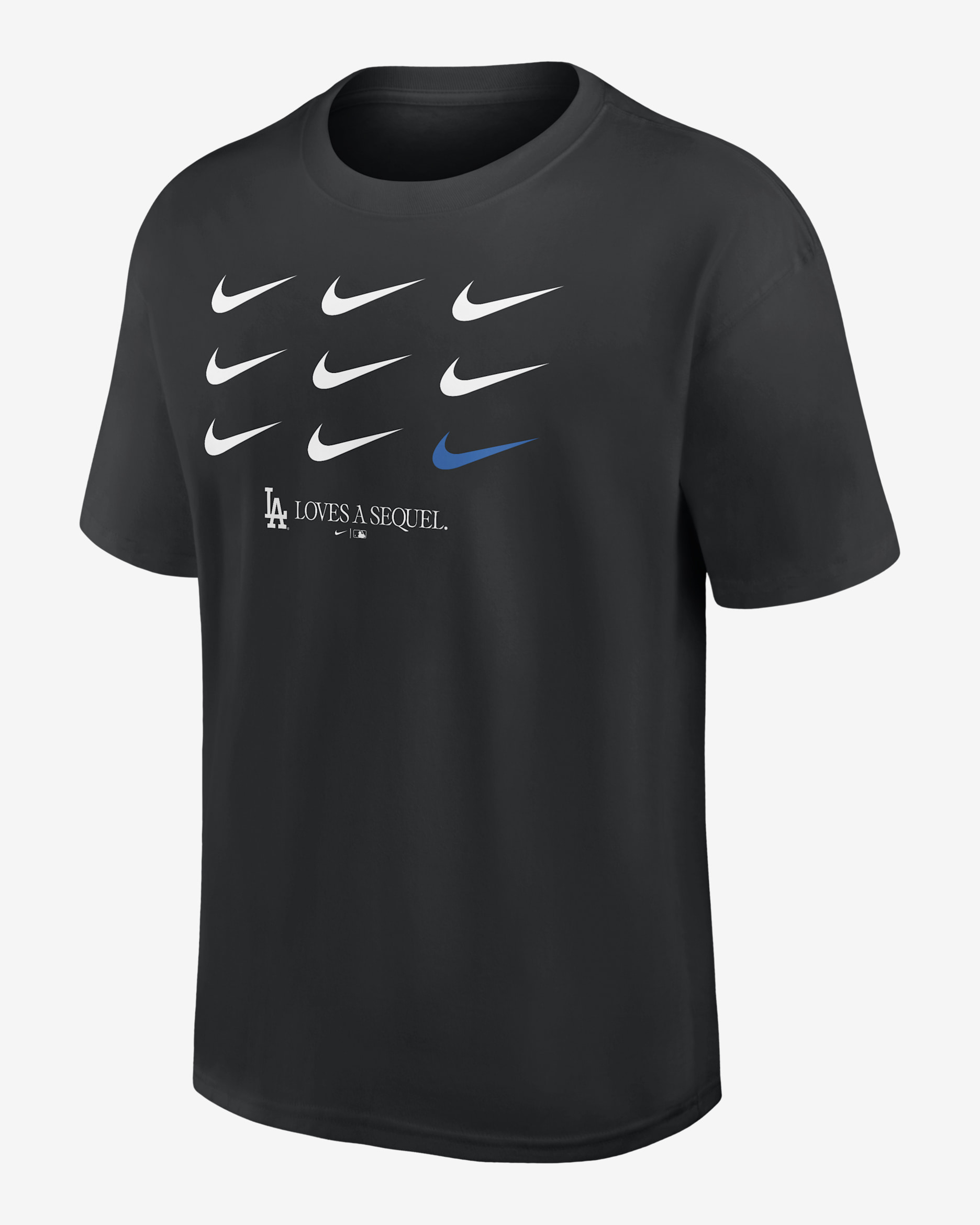 Playera Nike de la MLB para hombre de Los Angeles Dodgers 2025 World Series Champions LA Loves A Sequel - Negro