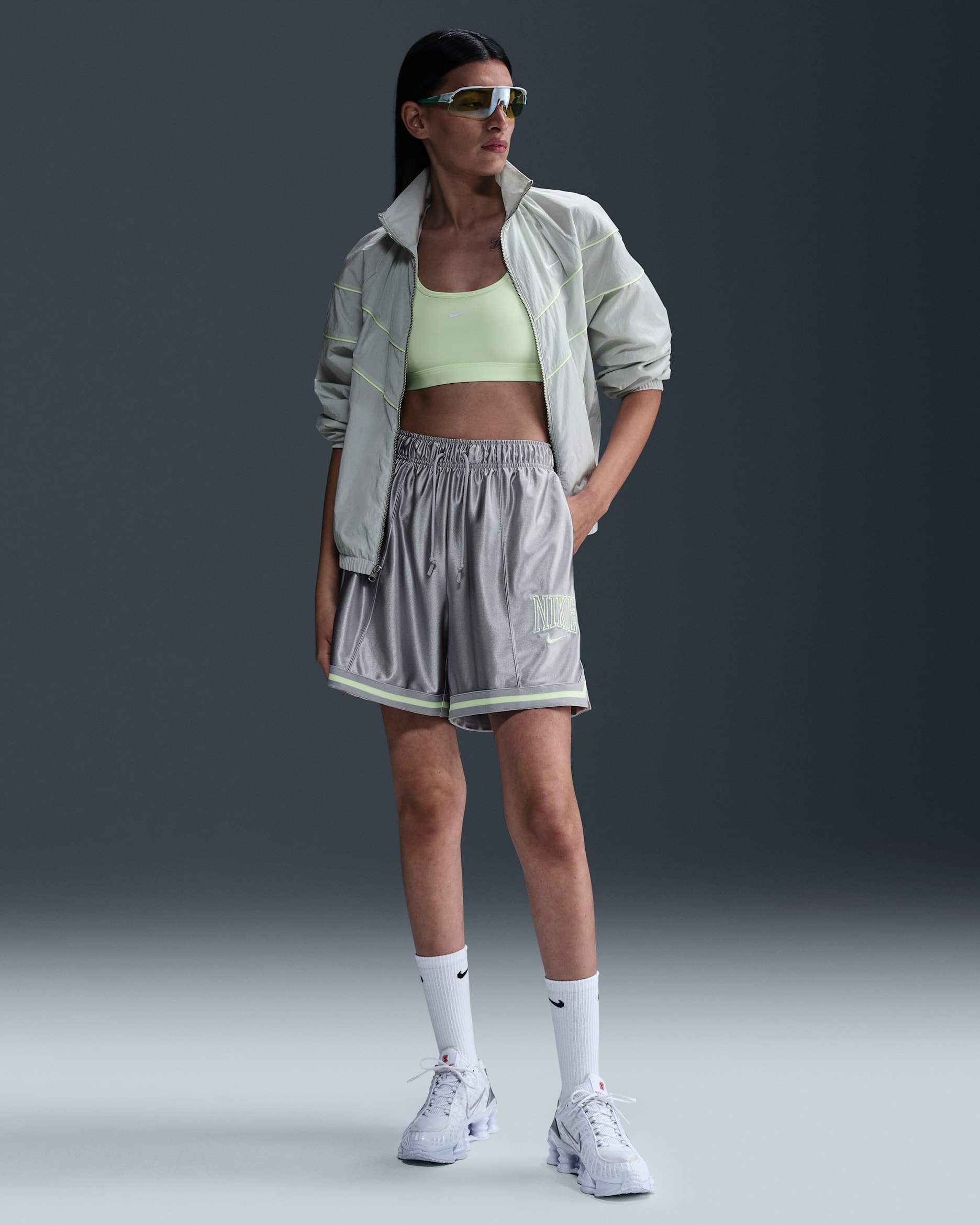 Nike Sportswear Women's Loose Mid-Rise Graphic Shorts - Light Smoke Grey/Barely Volt/Barely Volt