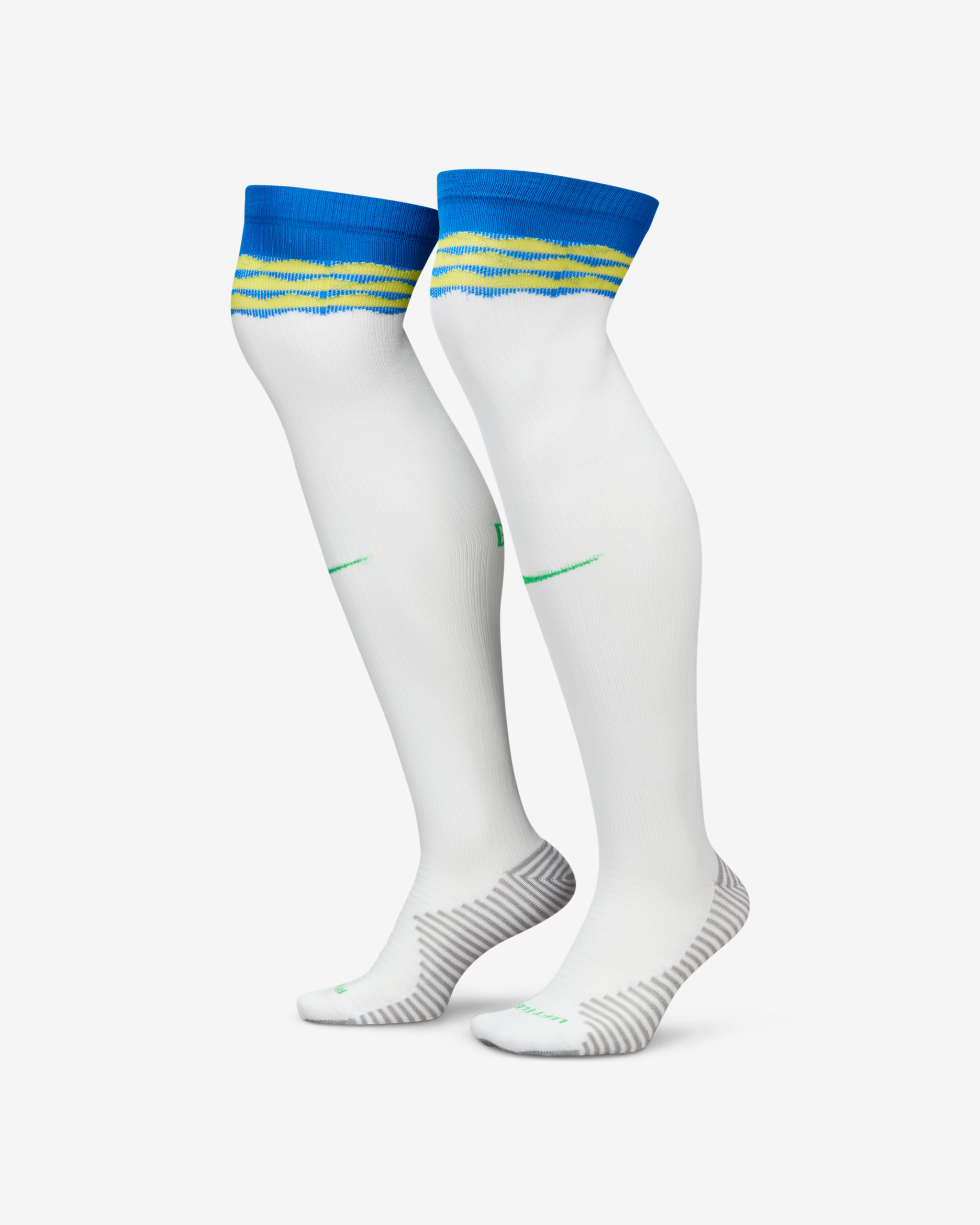 Brasil Strike (hjemme-/bortedrakt) Nike Dri-FIT knehøye fotballstrømper - Hvit/Soar/Dynamic Yellow/Green Spark
