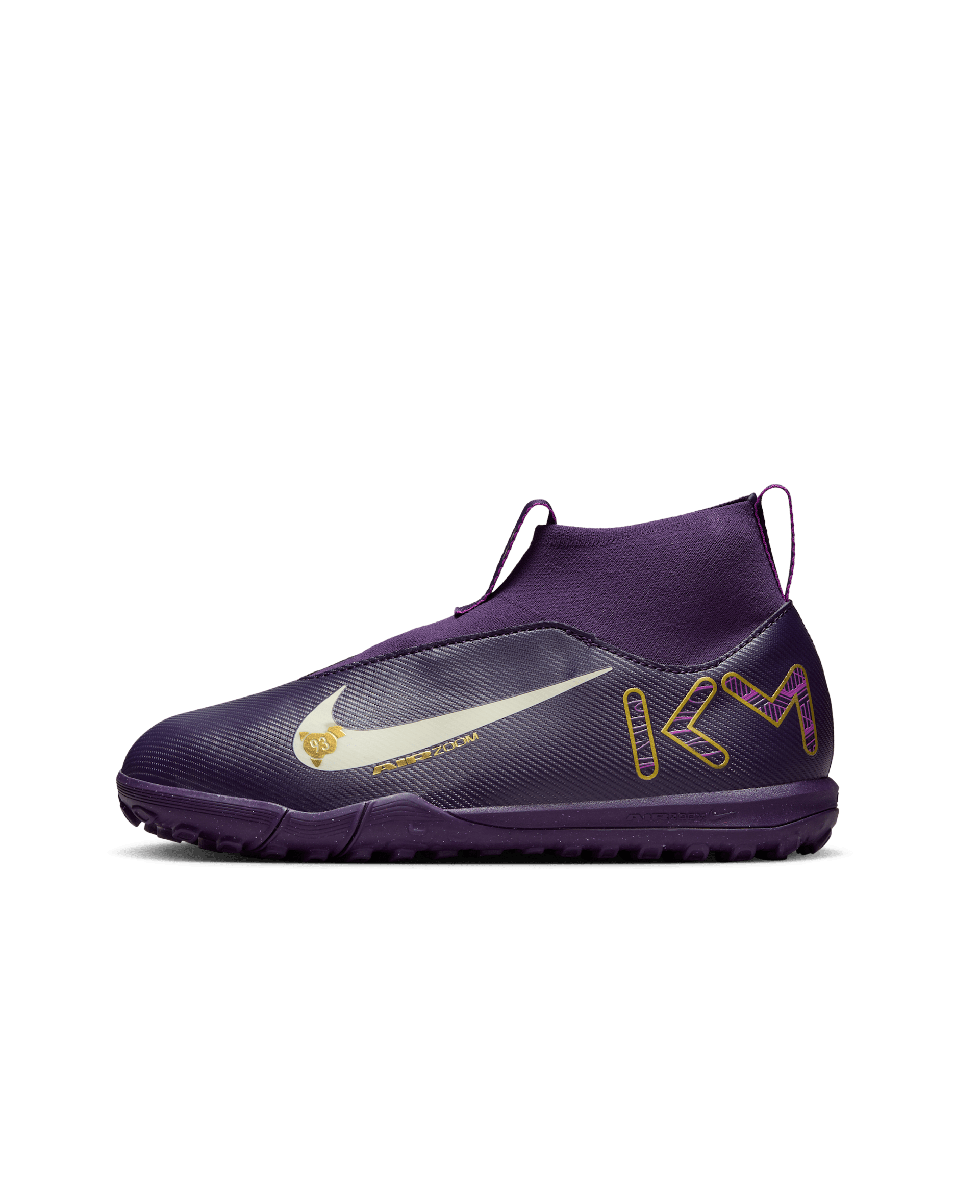 Tacos de fútbol para pasto sintético (turf) de corte high para niños grandes Nike Jr. Mercurial Superfly 10 Academy "Kylian Mbappé" - Morado grandioso/Marfil pálido