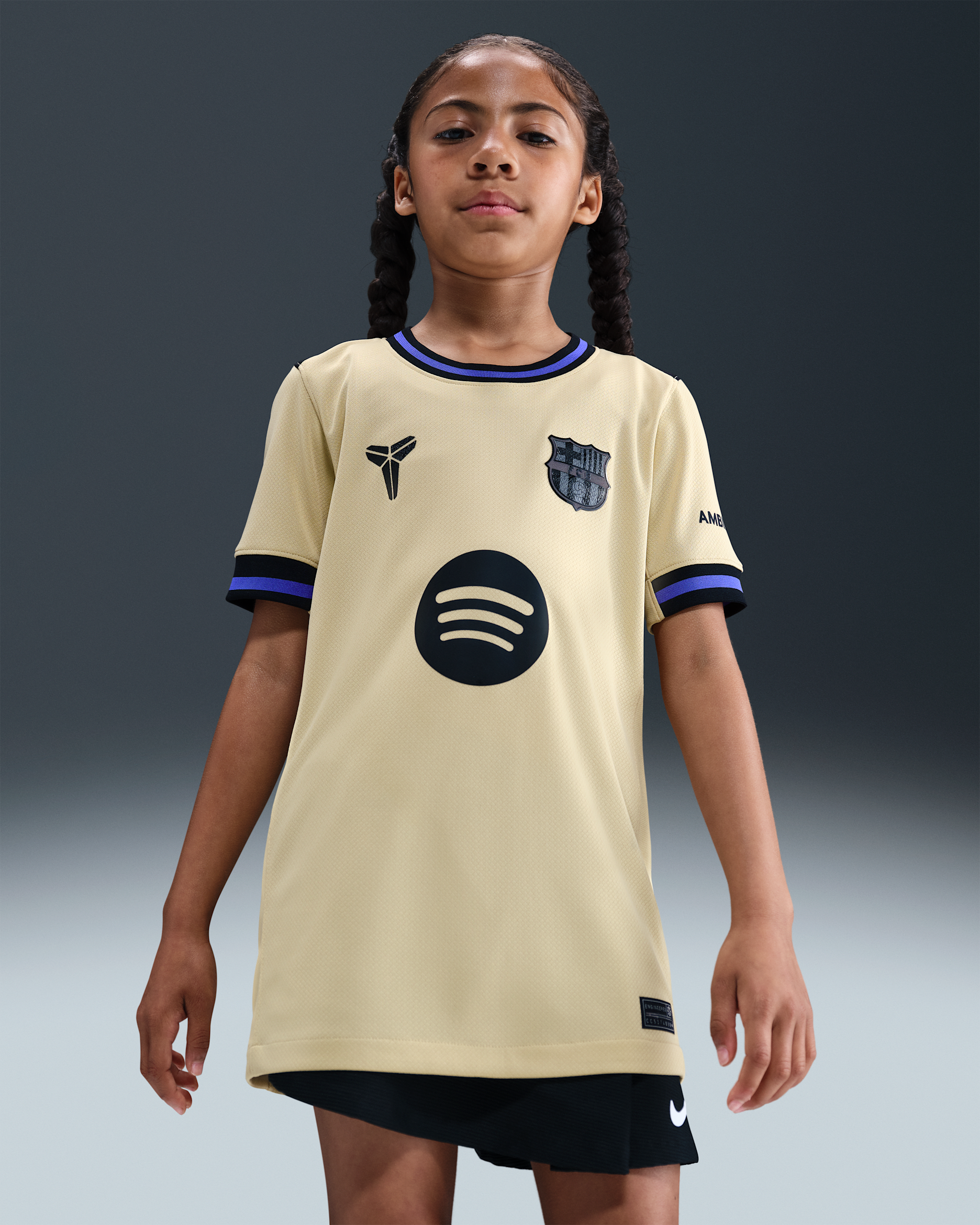 Jersey de fútbol Kobe Dri-FIT Replica del FC Barcelona visitante 2025/26 Stadium para niños talla grande - Oro team/Oro team/Violeta persa/Negro