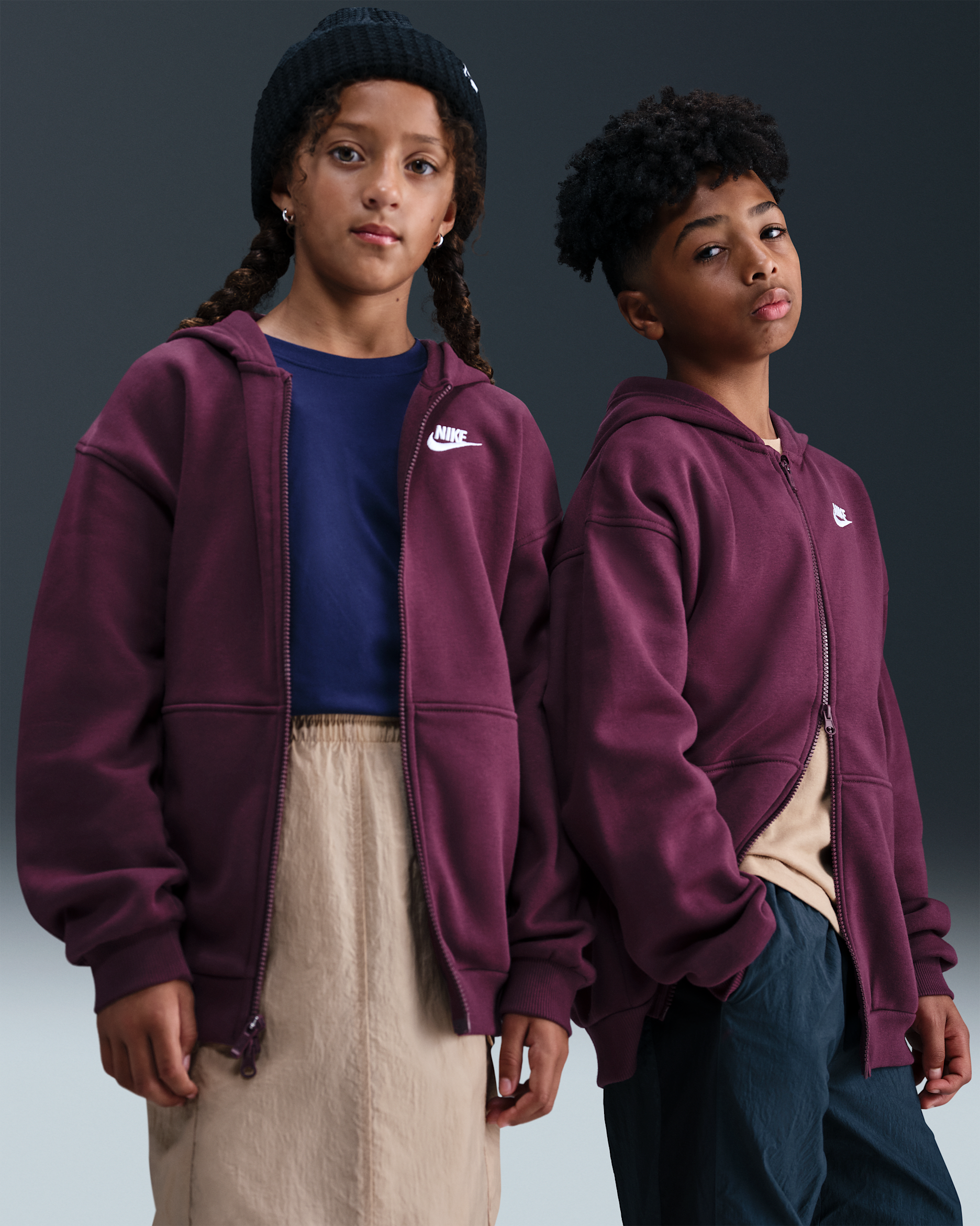 Nike Sportswear Club Fleece Older Kids' Oversized Full-Zip Hoodie - Bordeaux/White