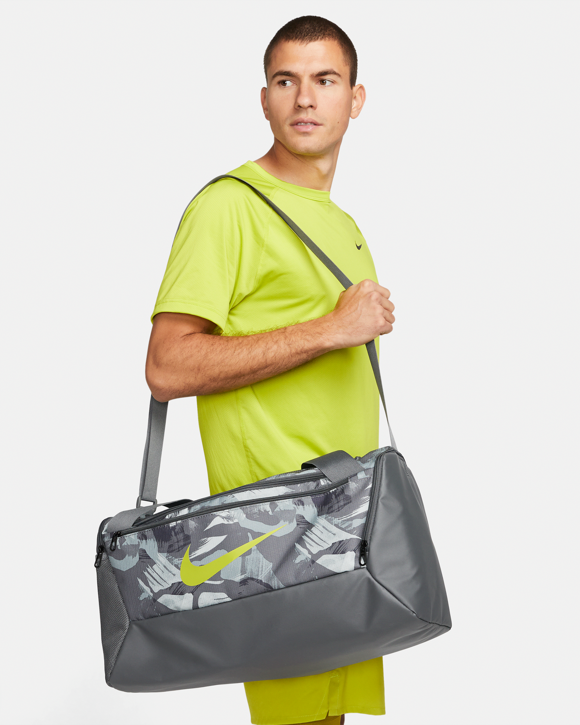 Nike Brasilia Printed Duffel Bag (Small, 41L) - Iron Grey/Iron Grey/Bright Cactus