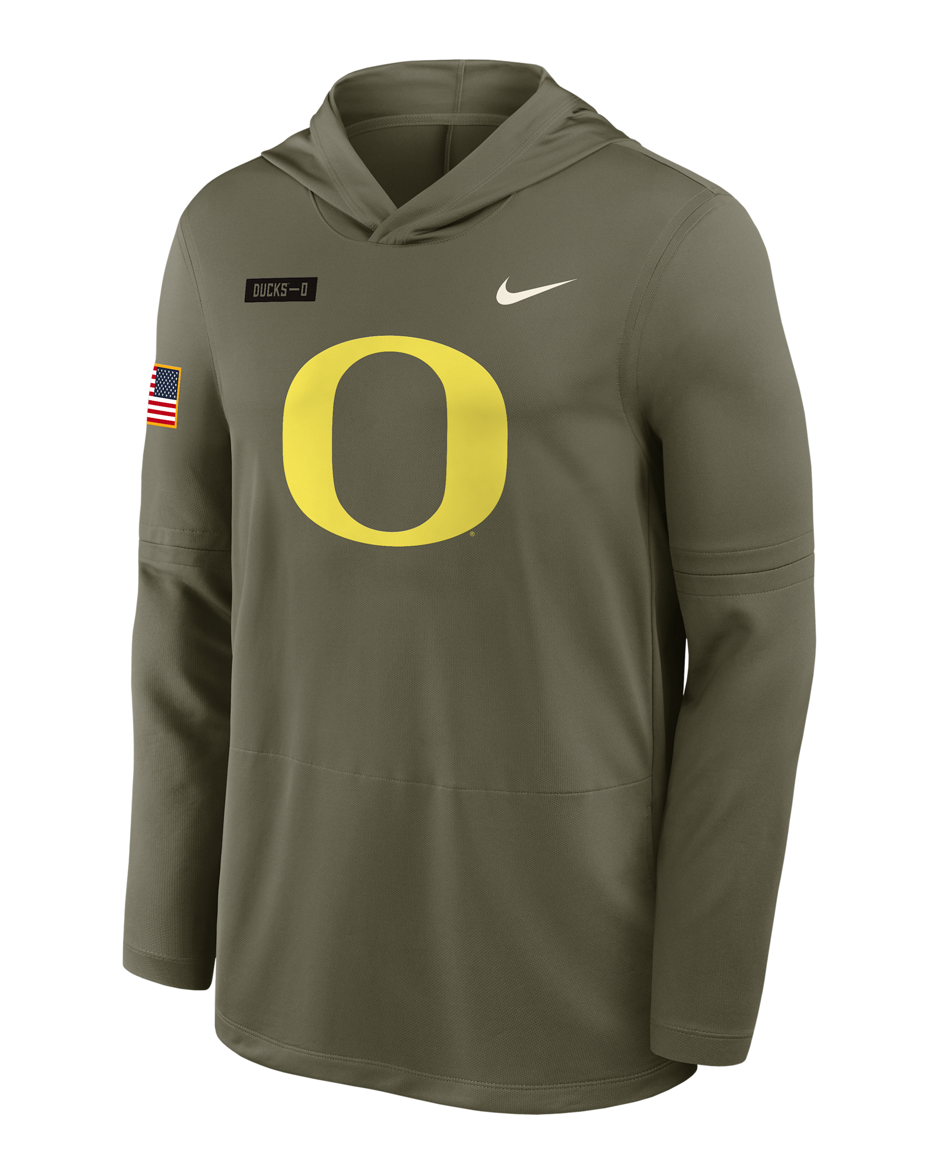 Playera de manga larga universitaria Nike Dri-FIT con gorro para hombre Oregon 2025 Military Appreciation - Oliva