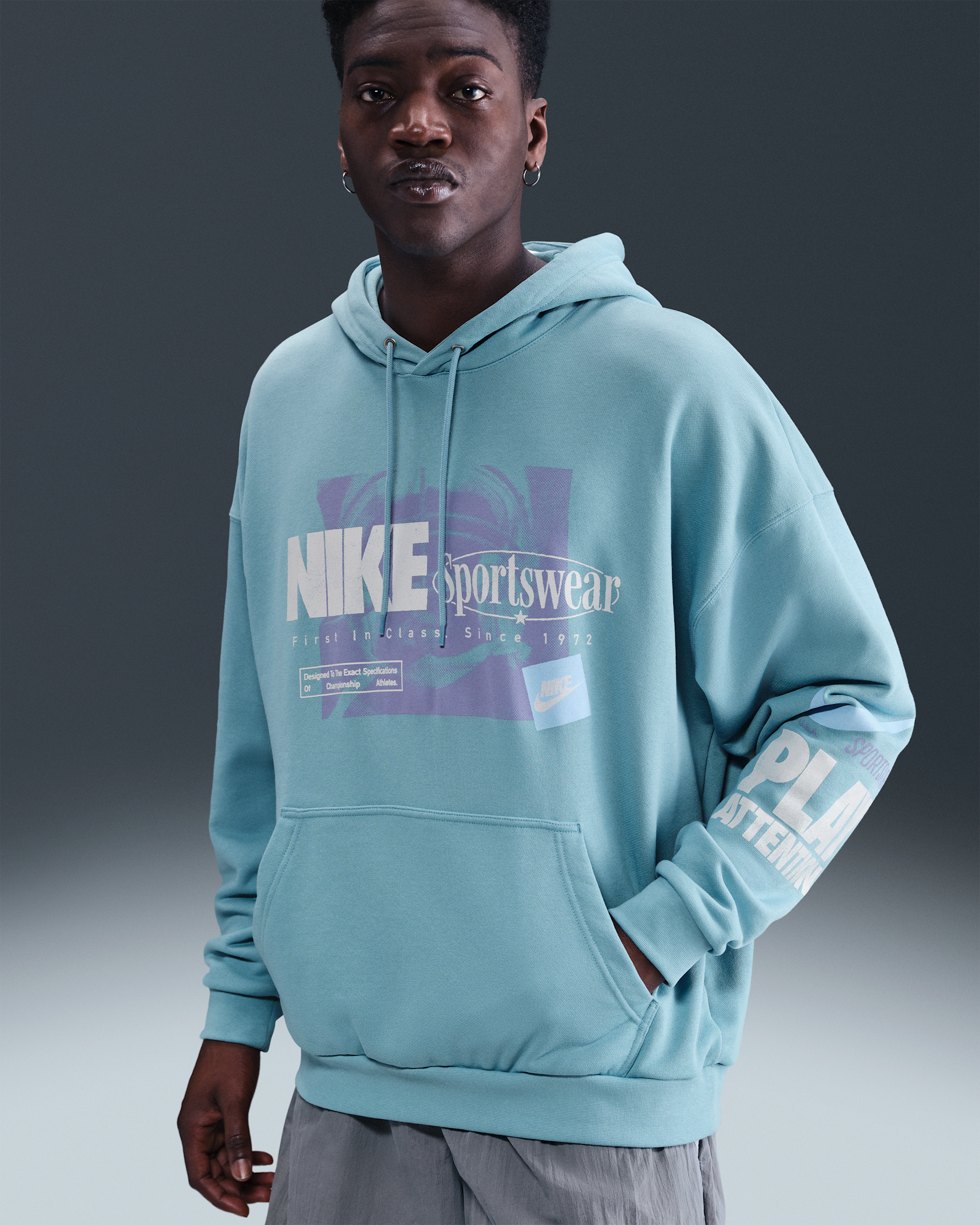 Nike Club Men's Oversized French Terry Pullover Hoodie - Denim Turquoise/Psychic Blue