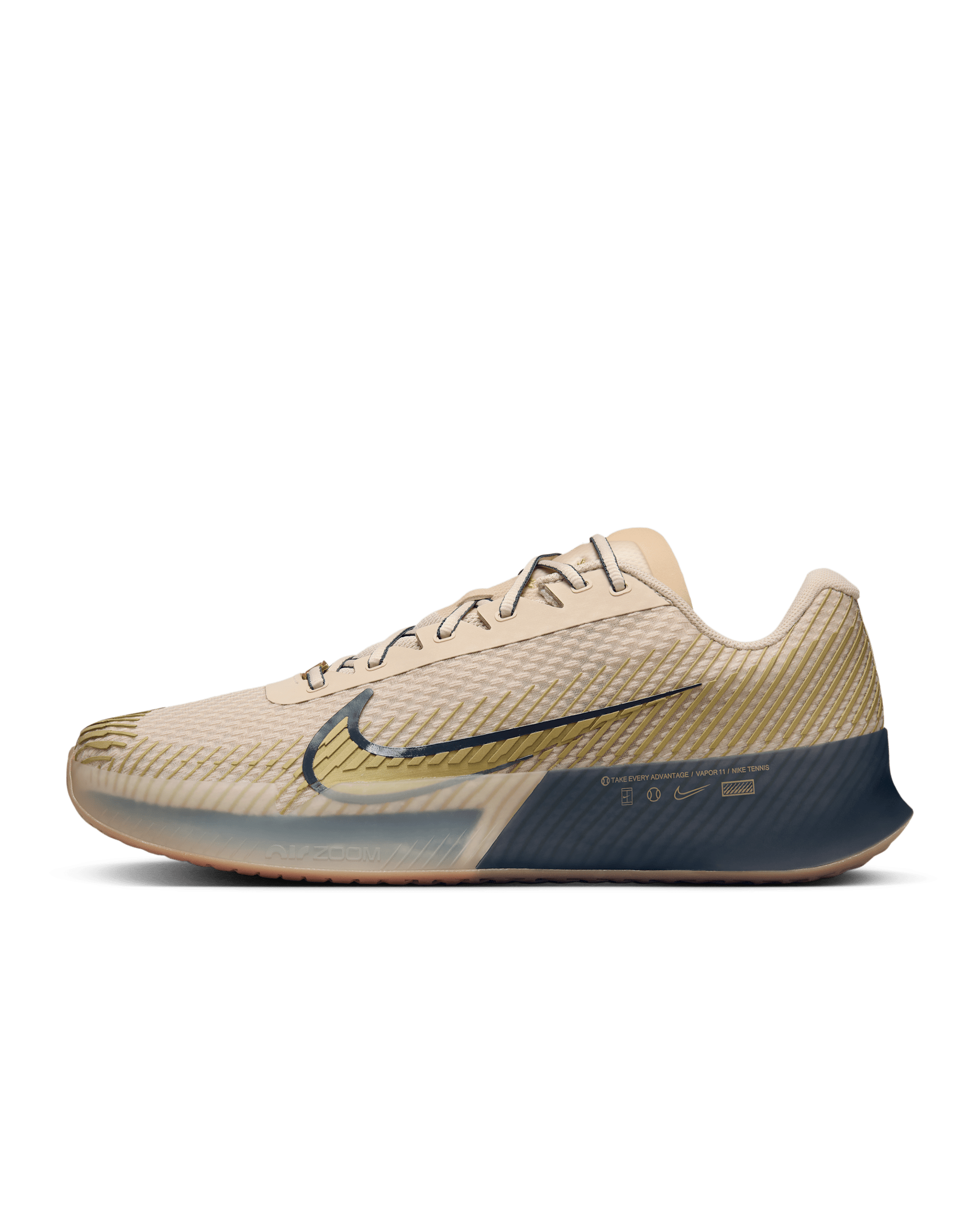 NikeCourt Vapor 11 Premium Men's Hard Court Tennis Shoes - Sand Drift/Thunder Blue/Gum Medium Brown/Metallic Gold