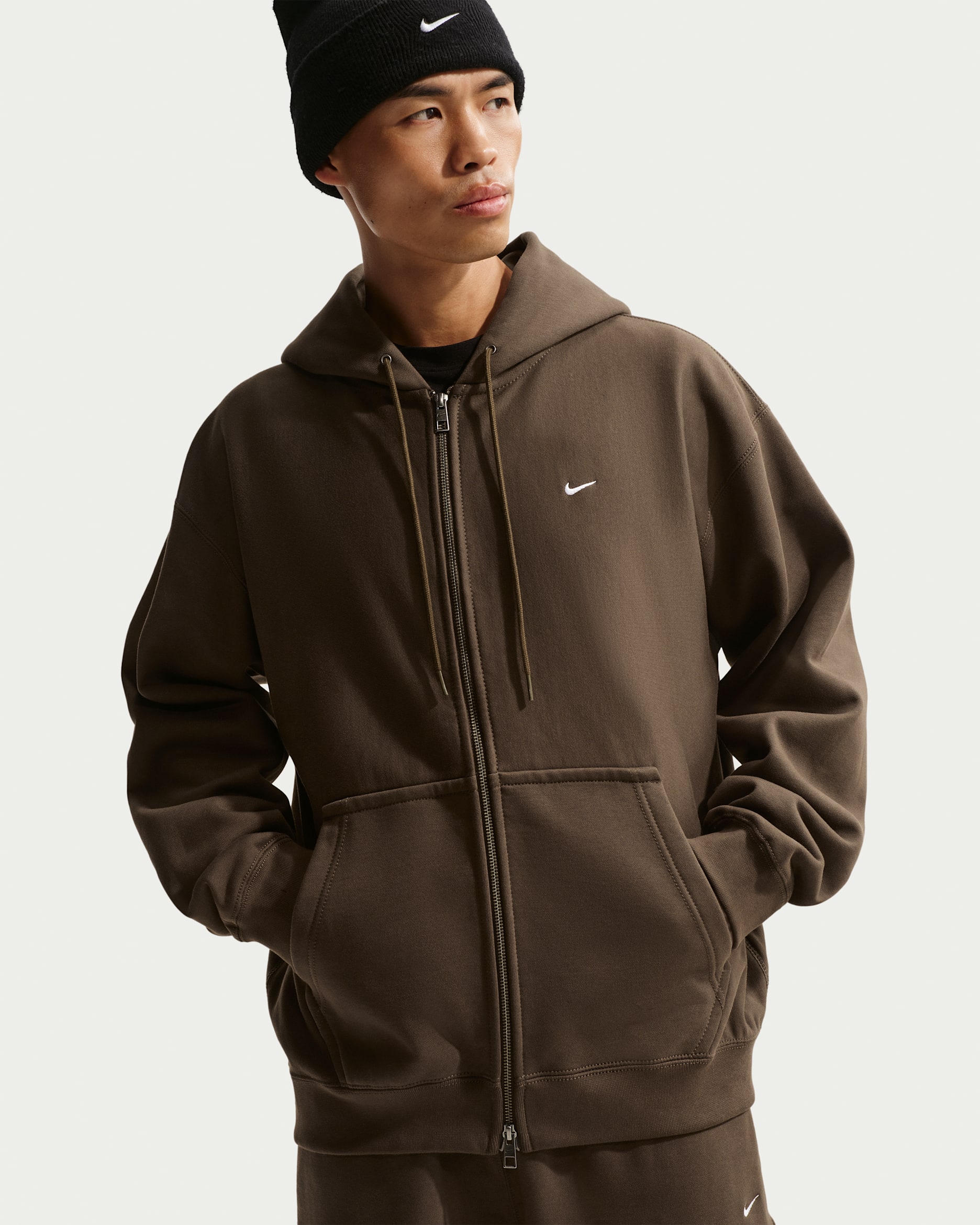 Sudadera con gorro de tejido Fleece de cierre completo para hombre Nike Solo Swoosh - Avellana oscuro/Blanco