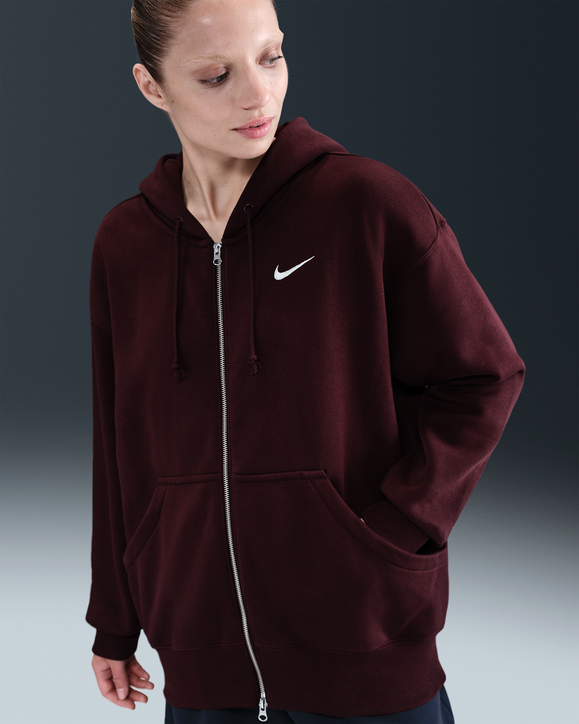 Nike Sportswear Phoenix Fleece Women's Oversized Full-Zip Hoodie - Burgundy Crush/Sail