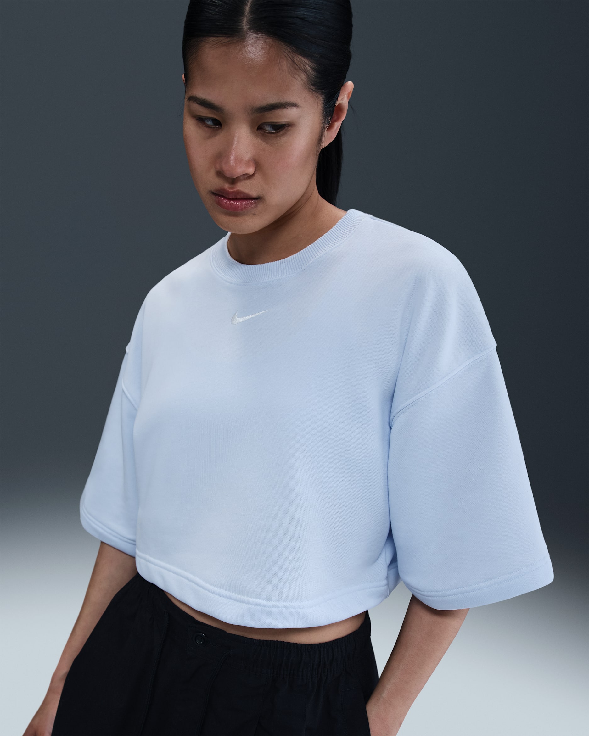 ナイキ スポーツウェア フェニックス フリース ウィメンズ ルーズ ショートスリーブ クロップド フレンチテリー トップ - ブルーティント/セイル
