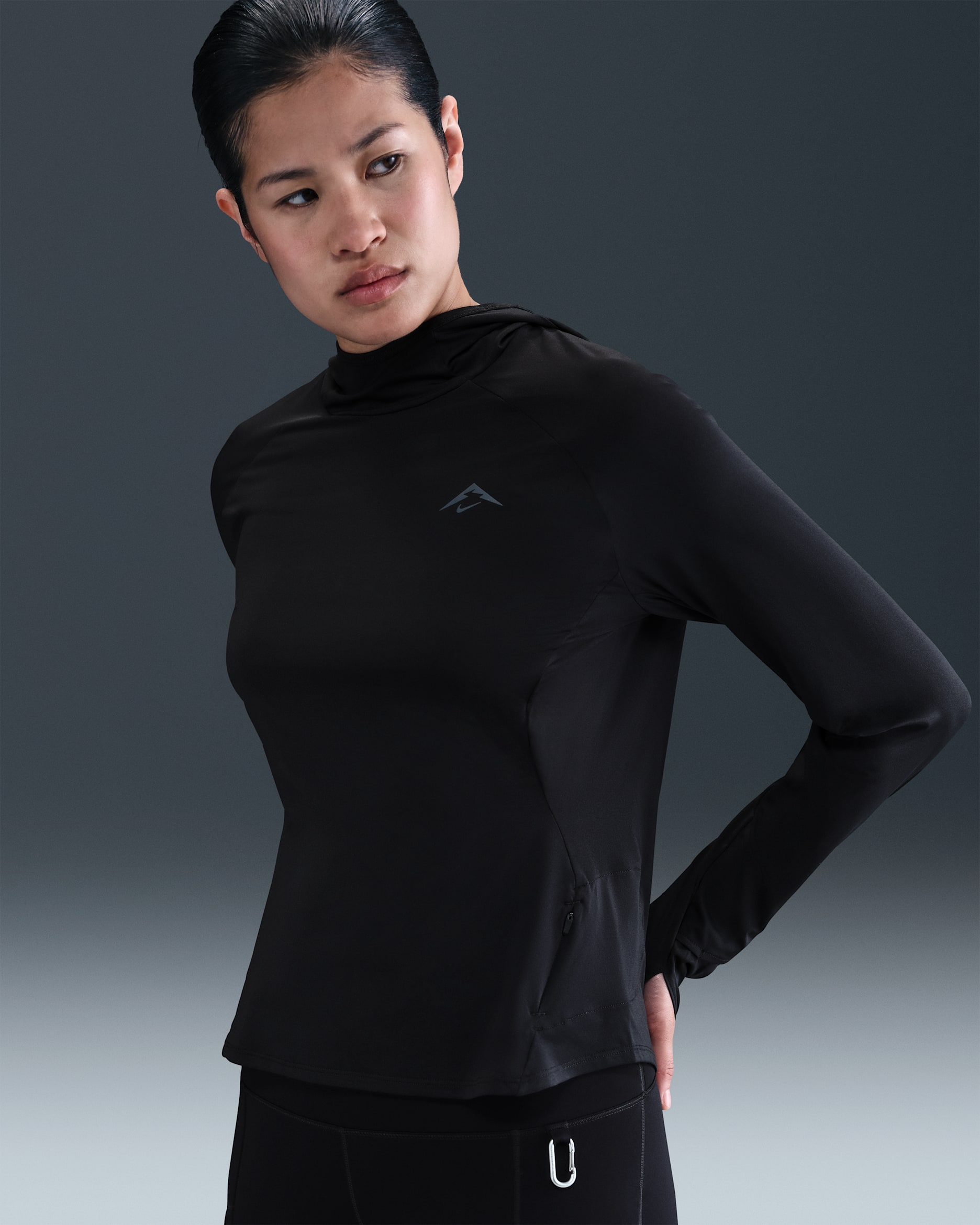 Nike Trail Midlayer mit UV-Schutz und Kapuze (Damen) - Schwarz/Schwarz