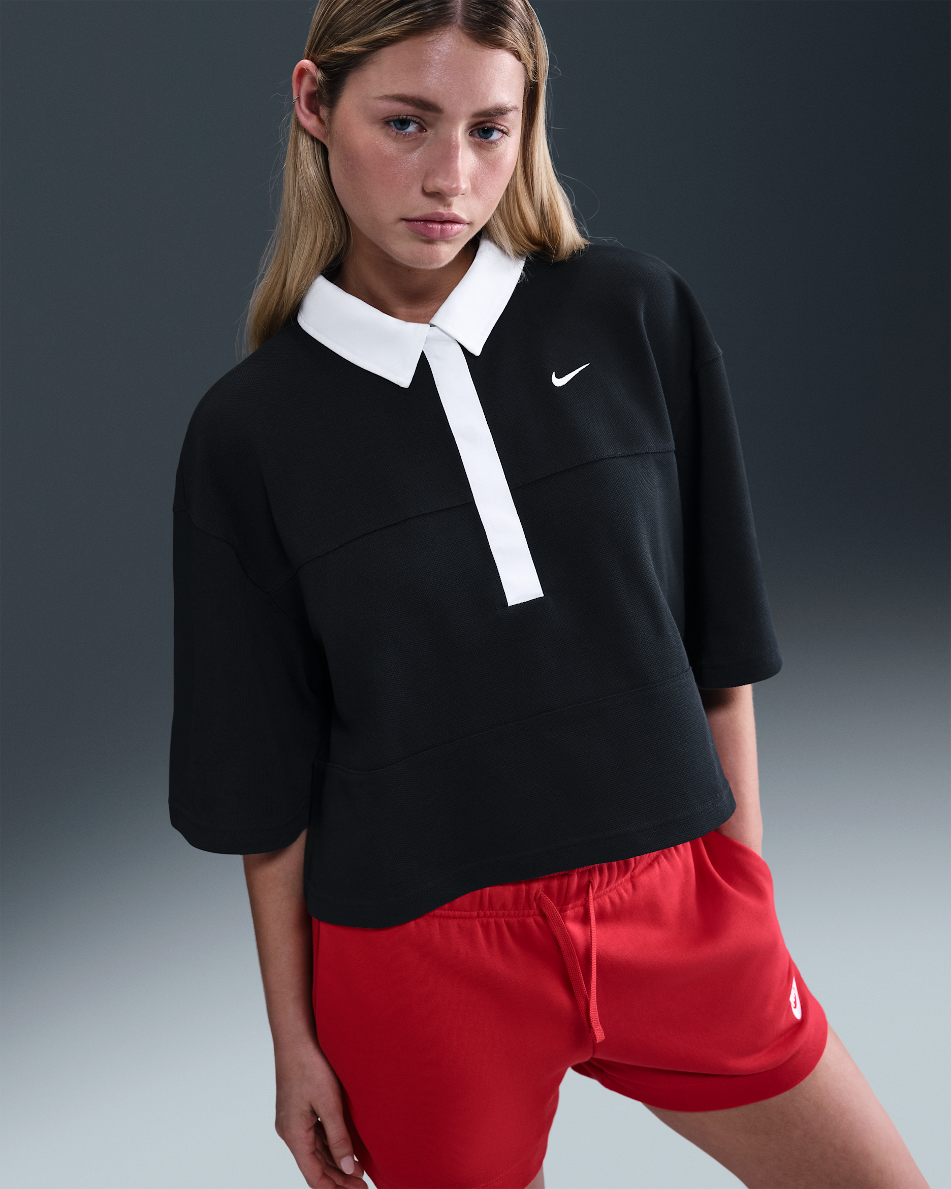 Playera tipo polo de manga corta oversized para mujer Nike Sportswear - Negro/Negro/Blanco/Blanco