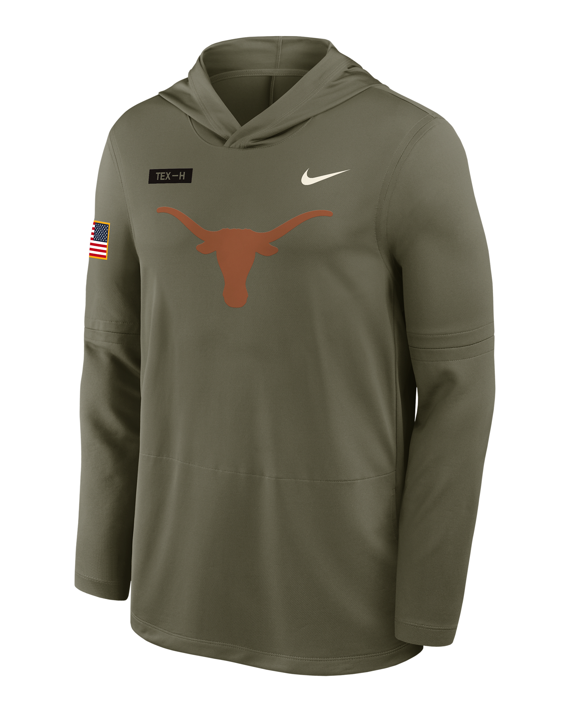 Playera de manga larga universitaria Nike Dri-FIT con gorro para hombre Texas 2025 Military Appreciation - Oliva
